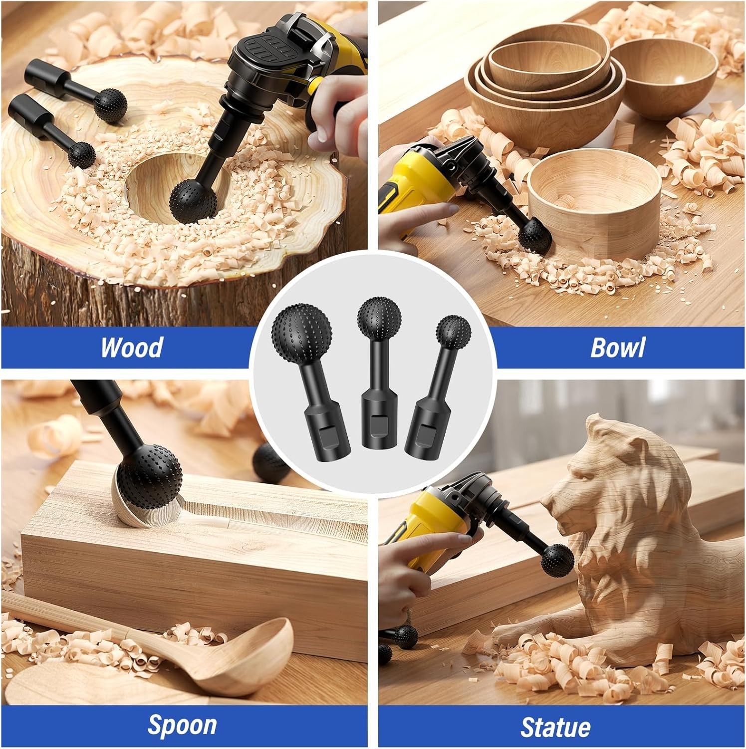 Carbide Steel Rotary Burr Set 3 Sizes for Angle Grinders, Wood Hollowing Tools