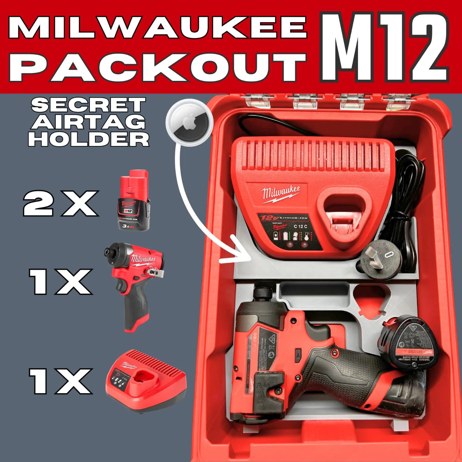 Milwaukee Packout M12 Drill & Battery Organiser – Hidden Airtag Compartment