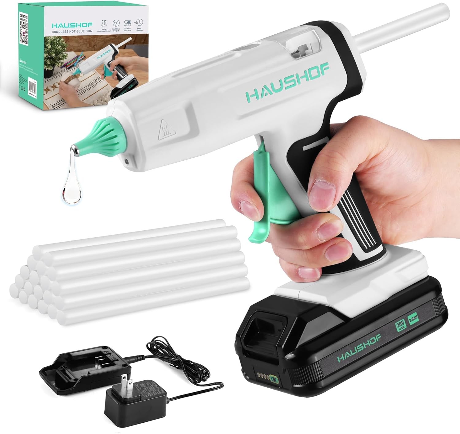 HAUSHOF 20V Cordless Hot Glue Gun Drip-Free Fast Preheating 20PC Full Size Stick