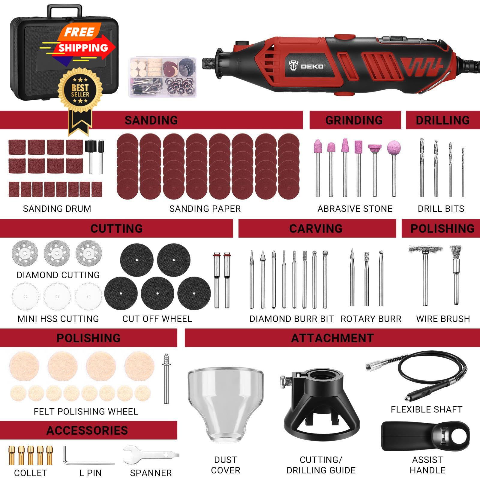 DEKOPRO Rotary Tool Kit, 1.5-Amp Corded Power Tools with 42&Prime; Flex Red