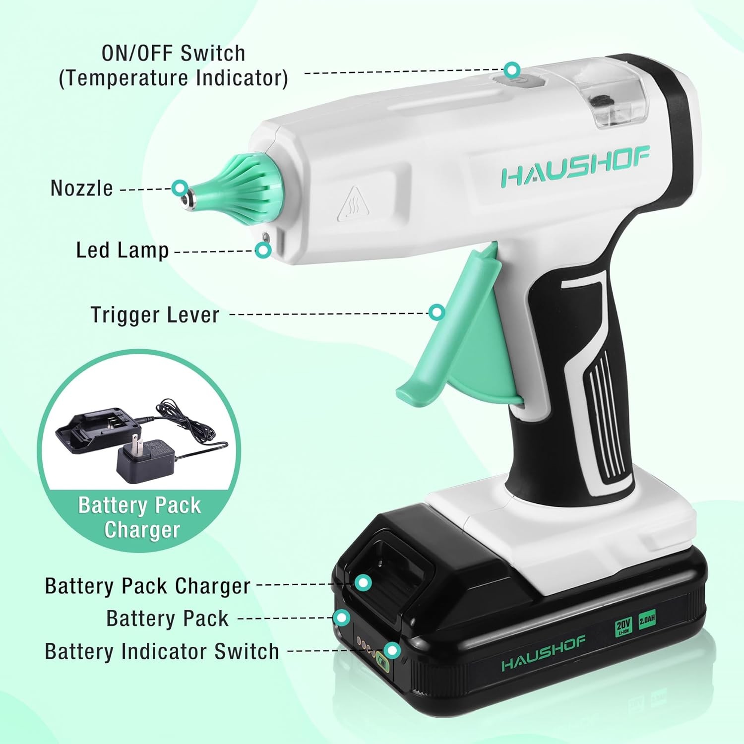 HAUSHOF 20V Cordless Hot Glue Gun Drip-Free Fast Preheating 20PC Full Size Stick