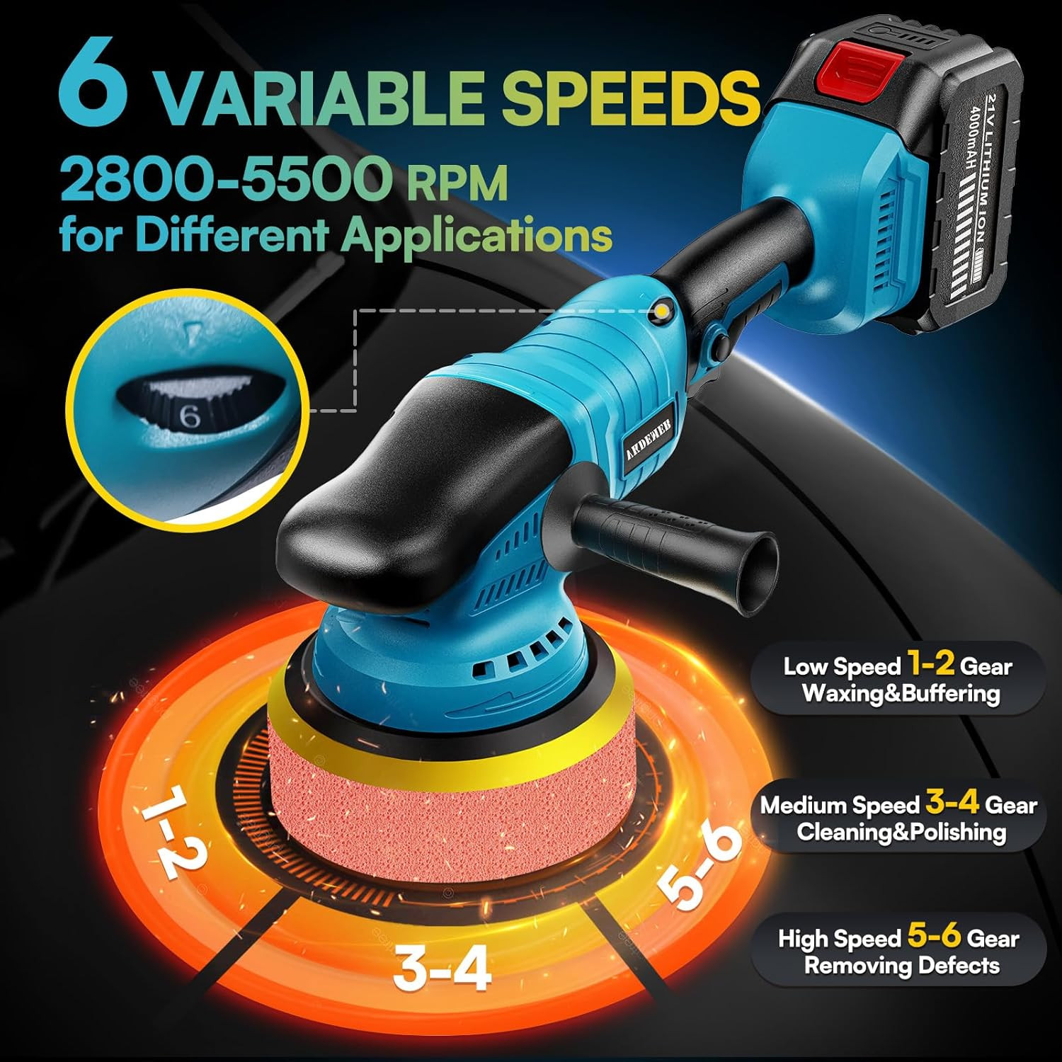 Upgrade Cordless Car Buffer Polisher with 21V 2×4000Mah Battery,6 in Brushless B