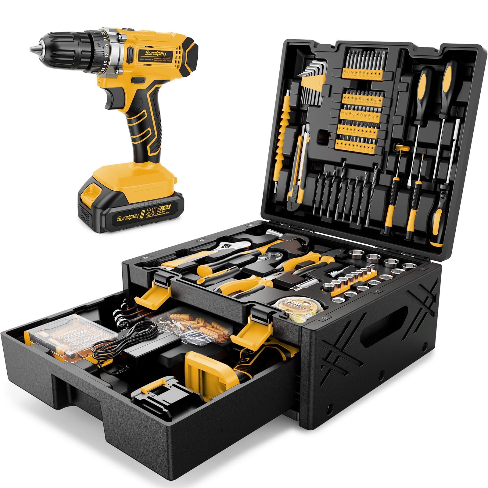 Sundpey 267PC Tool Kit with 21V Cordless Drill 2.0Ah Battery Home Repair Set