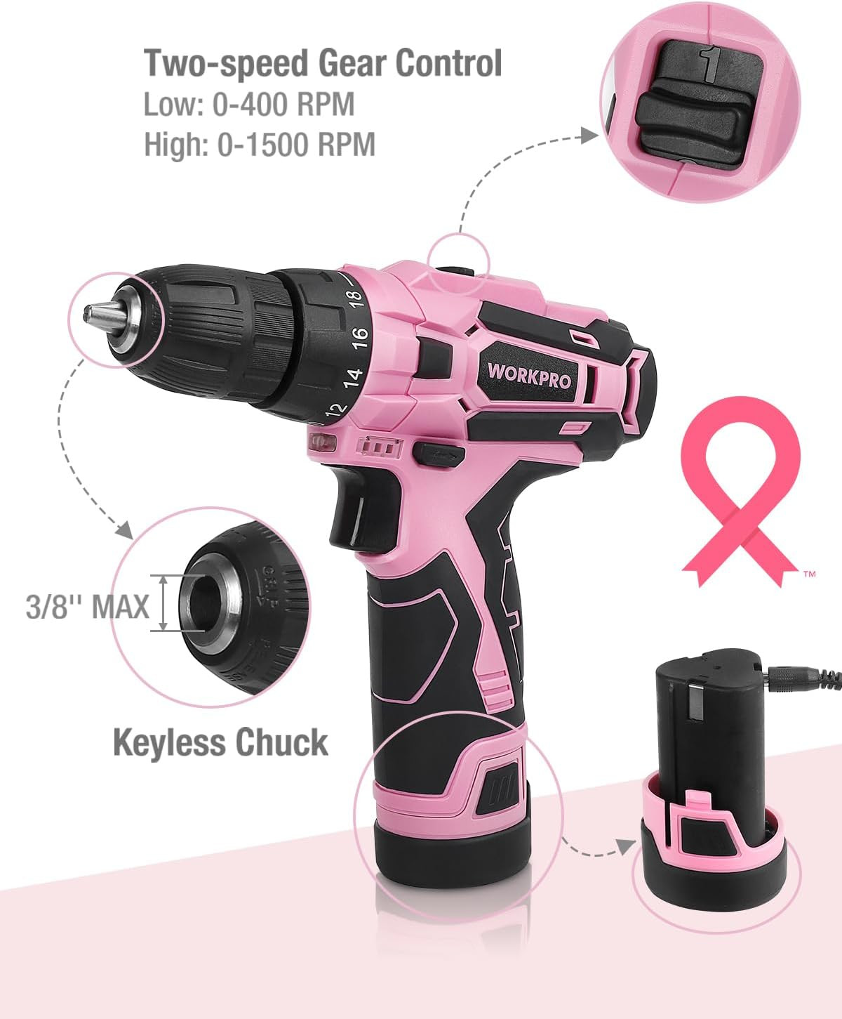 Pink Cordless Drill Driver Set, 12V Electric Screwdriver Driver Tool Kit, 3/8&Prime; K