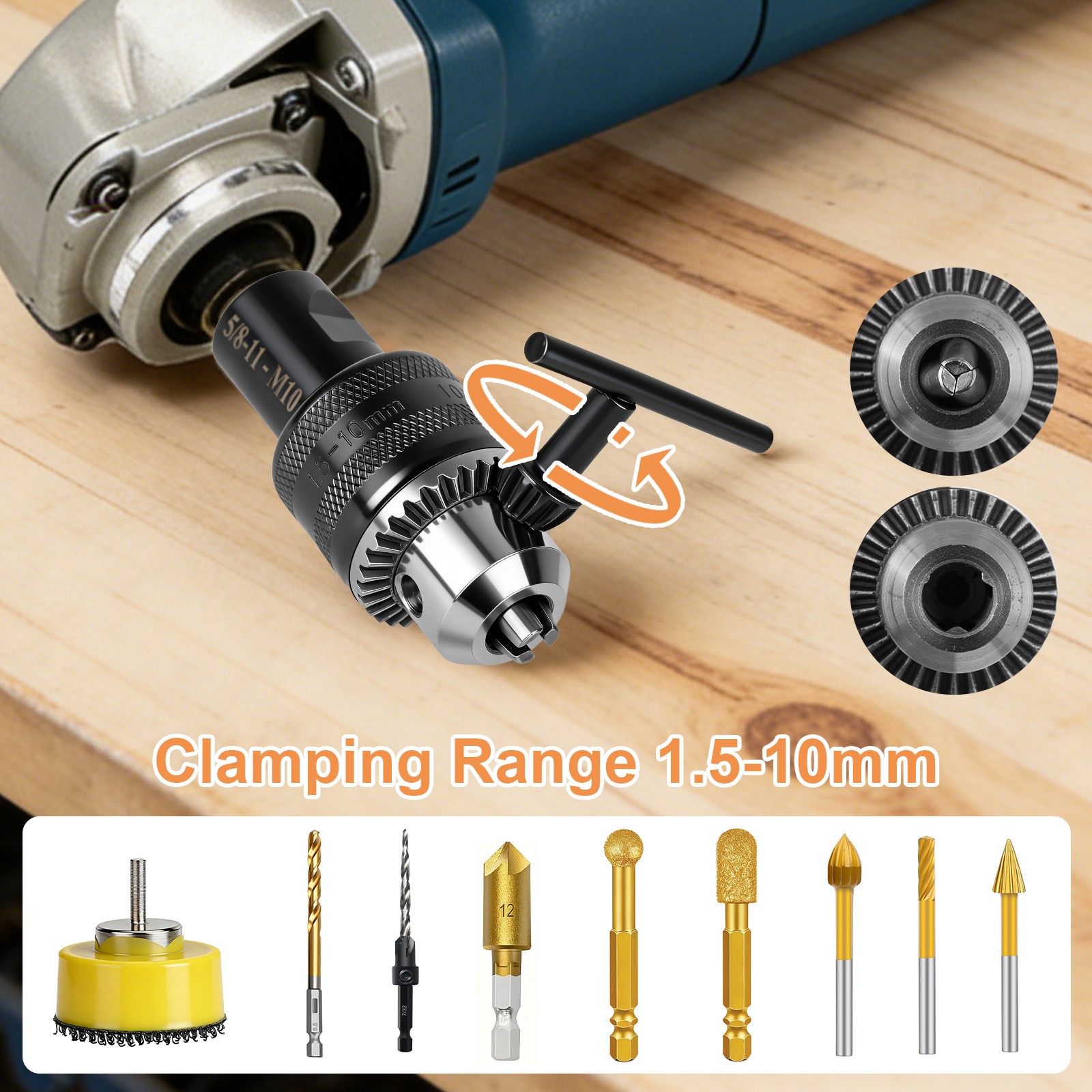 Angle Grinder to Drill Chuck Adapter Kit 5/8-11&Prime; to M10 Converter 1.5-10mm Chuck