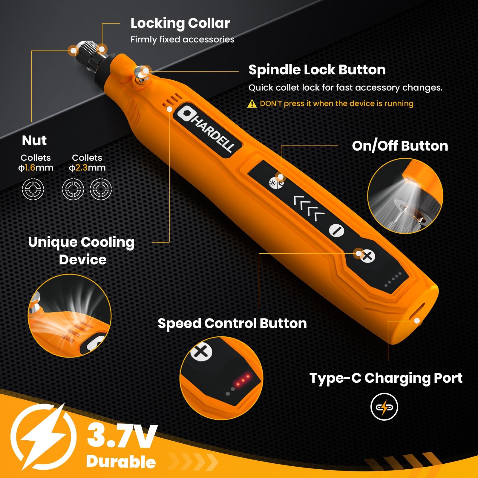 HARDELL Mini Cordless Rotary Tool, 5-Speed and USB Charging Orange