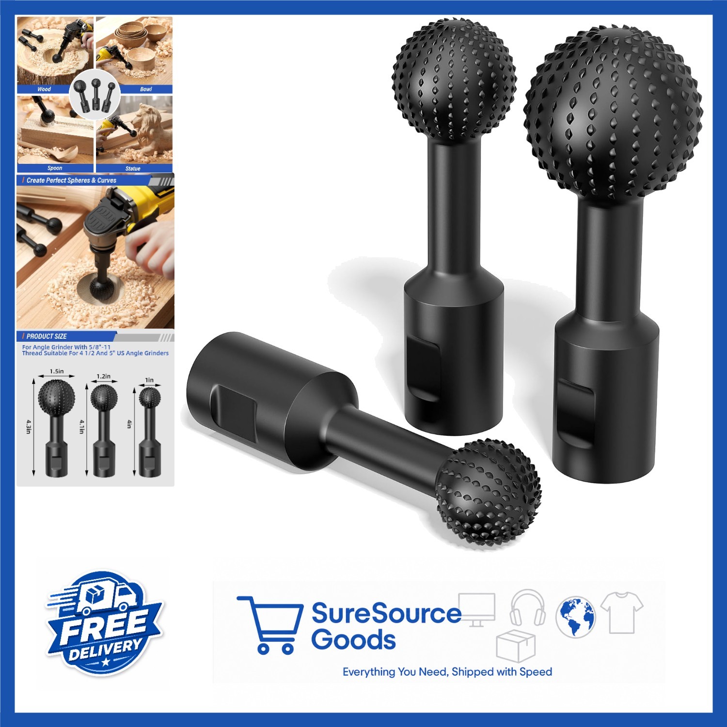Carbide Steel Rotary Burr Set 3 Sizes for Angle Grinders, Wood Hollowing Tools
