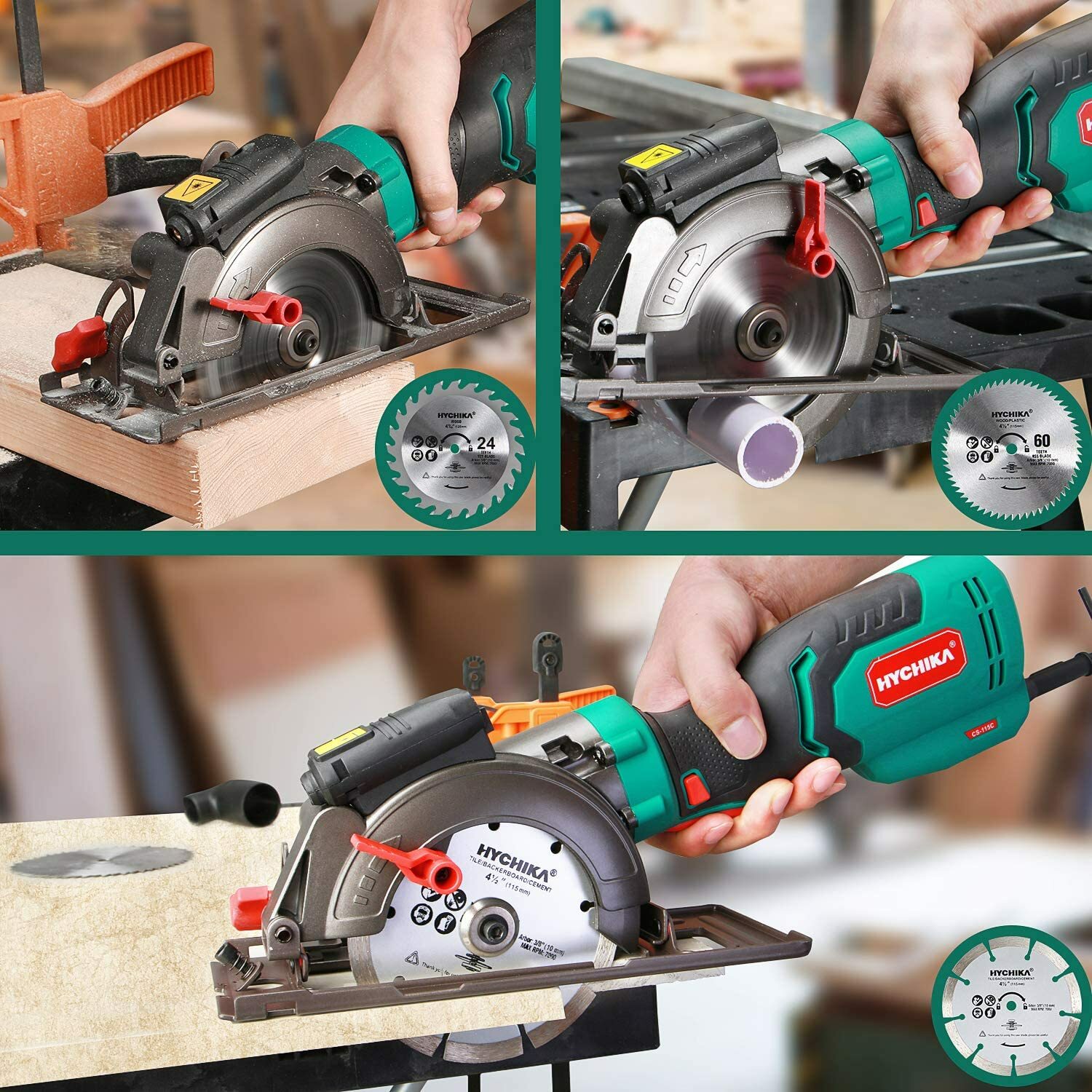 HYCHIKA 6.2A, 750W, Mini Electric Circular Saw, Laser Guide, 6 Blades CS-115C