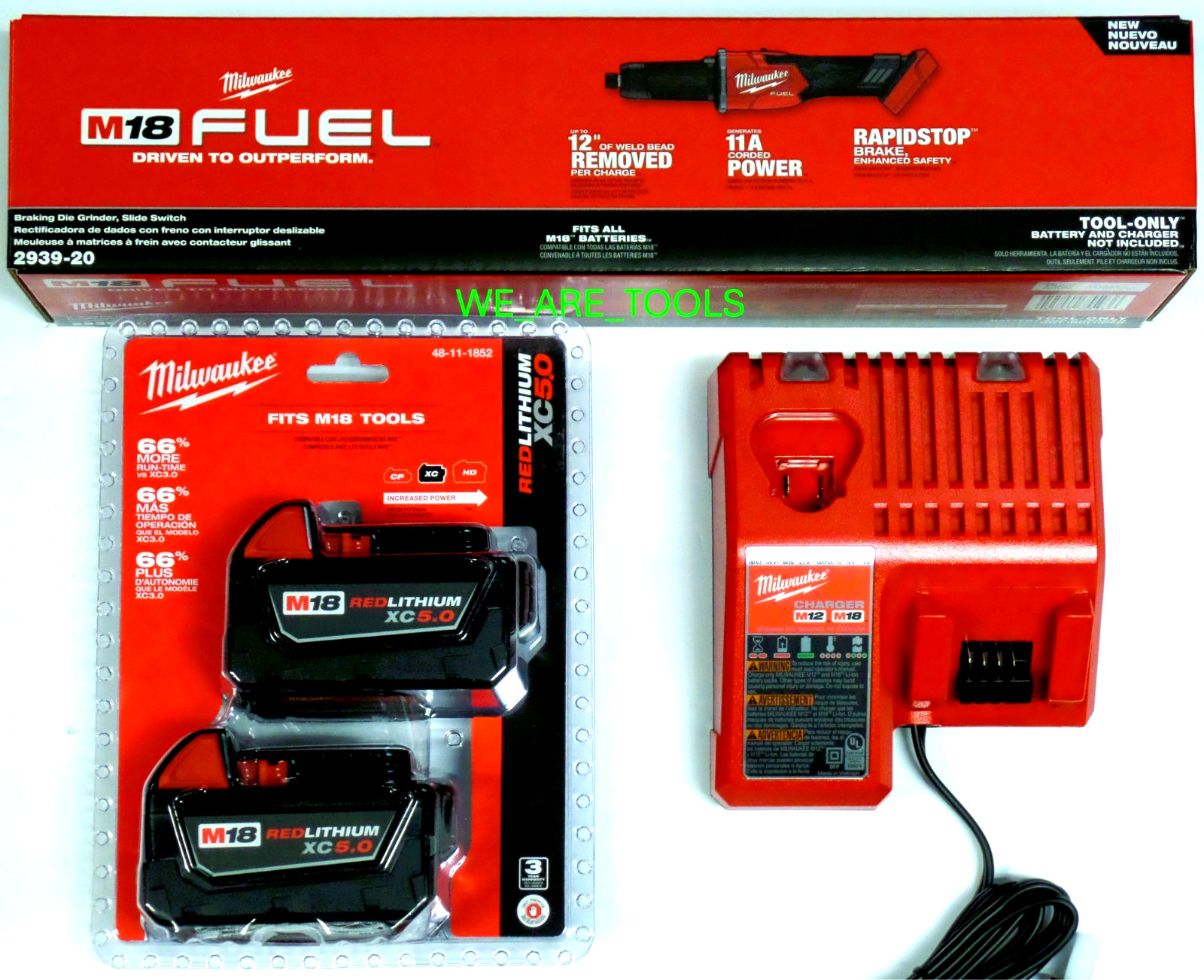 NEW Milwaukee Kit M18 FUEL 2939-20 Die Grinder, 2) 5.0 Ah Battery, Charger 18V