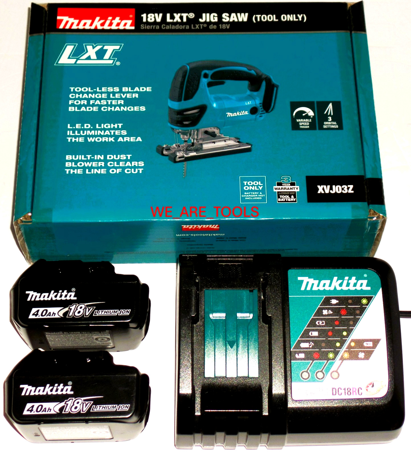 Makita Boxed XVJ03Z 18V Cordless Battery Jigsaw, 2 BL1840B 4.0 Batteries,Charger