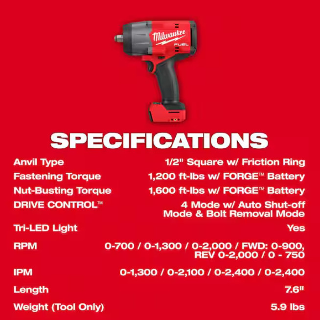 Milwaukee M18 2967-20 FUEL 1/2&Prime; High Torque Impact Wrench Friction Ring SEALED