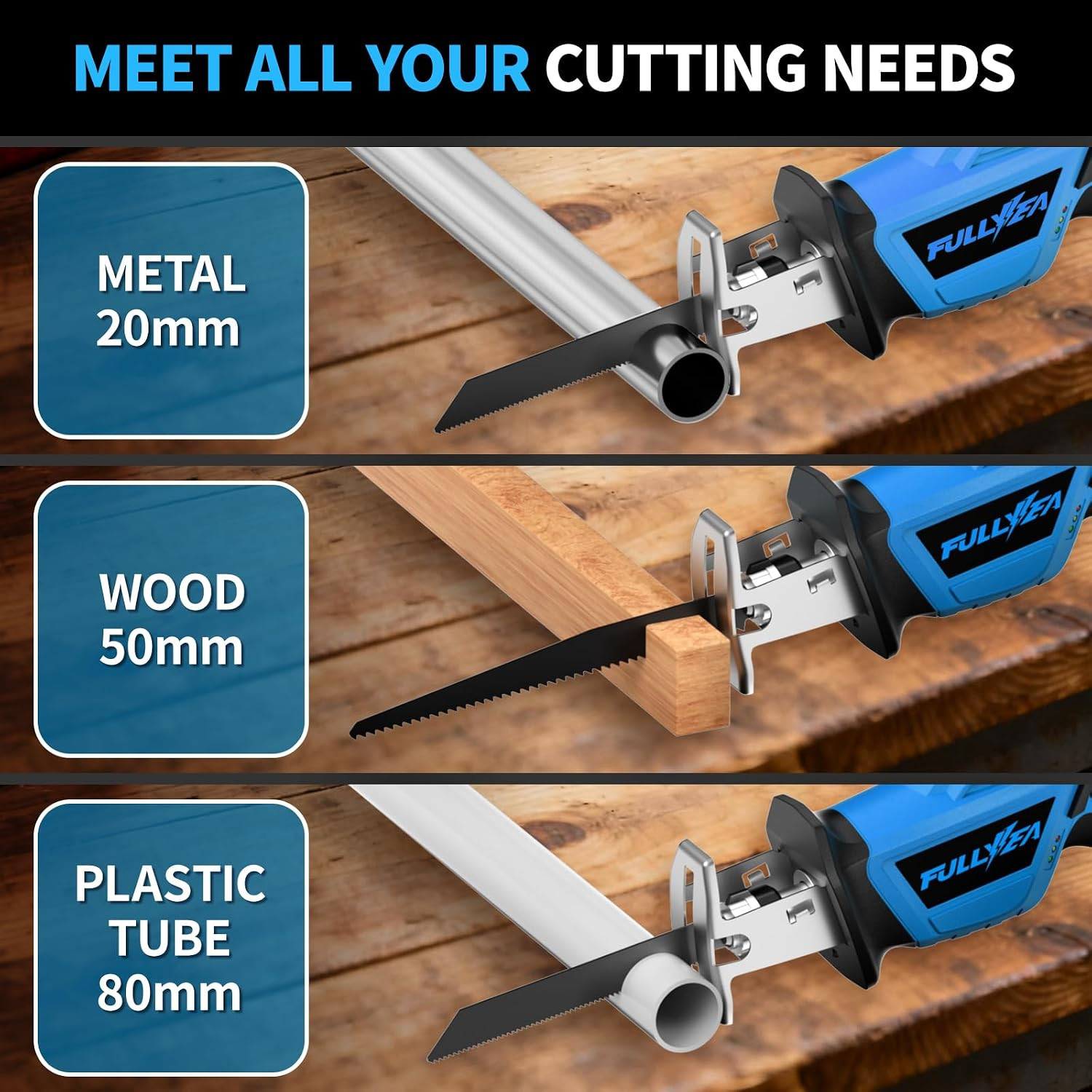 Cordless Reciprocating Saw, 3500 SPM, 2 Batteries, 4 Blades, LED Light