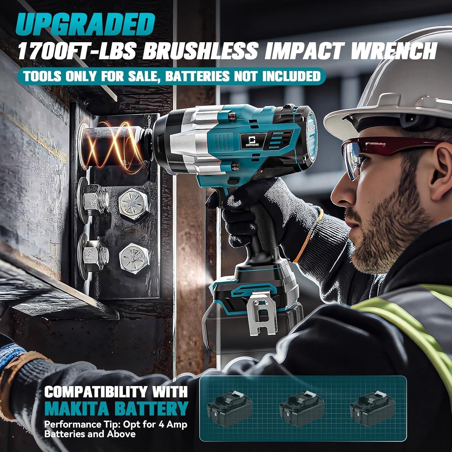 Cordless Impact Wrench 1/2 Inch Compatible with Makita Battery: 1700FT-LBS High