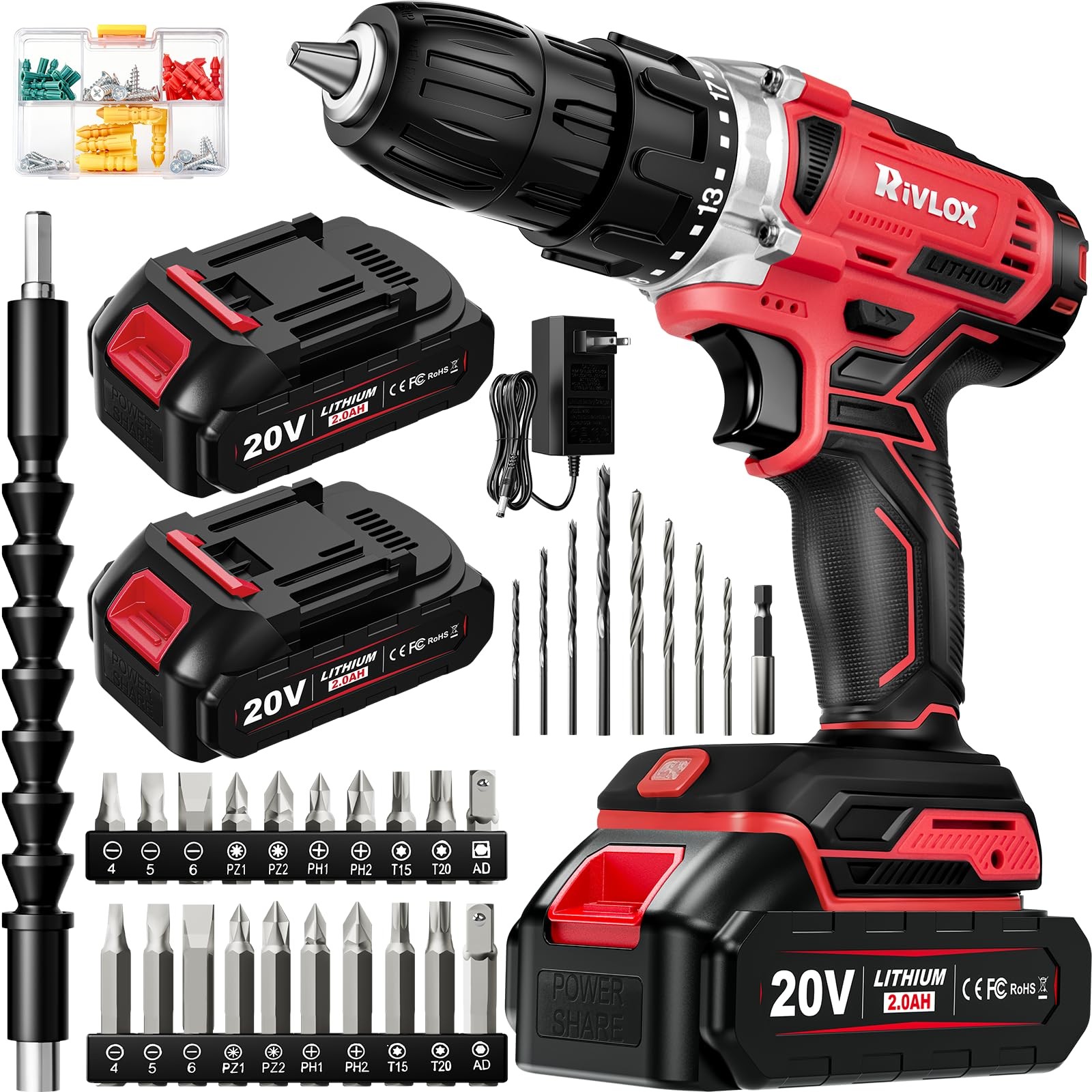 20V Cordless Drill Set,Electric Power Cordless,Power Red-double