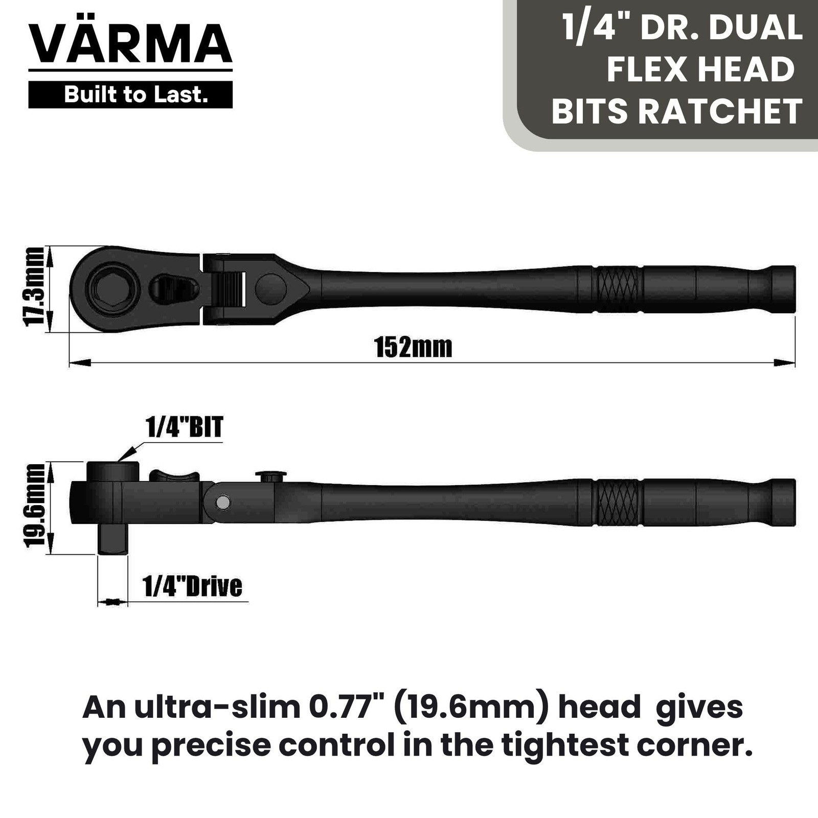 1/4 Inch Drive Dual Flex Head Ratchet Bit Driver 6 Inch Long 72 Tooth 5 Swing