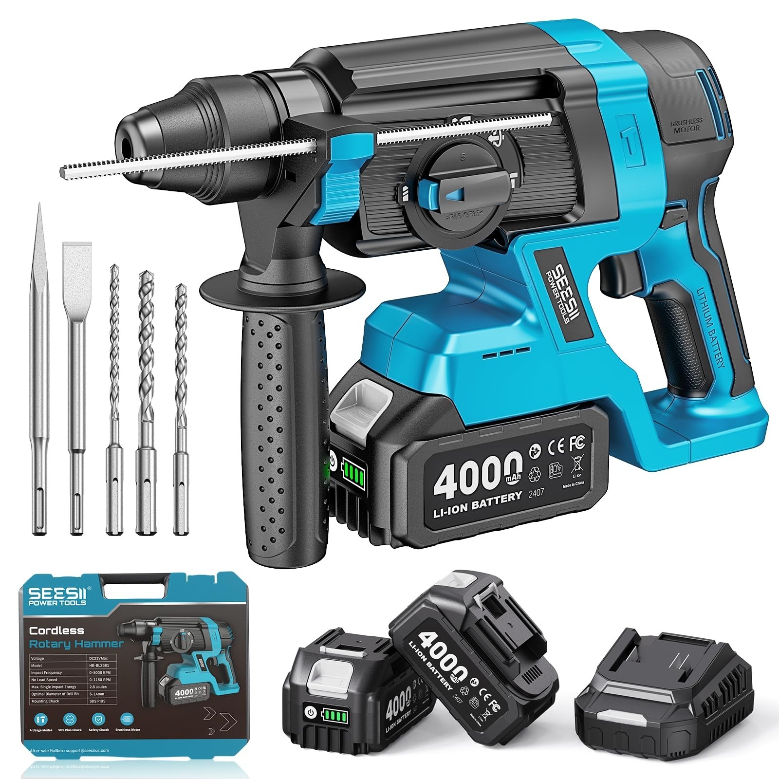 1-Inch Cordless Rotary Hammer Drill, 2.8J Brushless Motor, 4-Mode, 2x 4.0Ah Batt