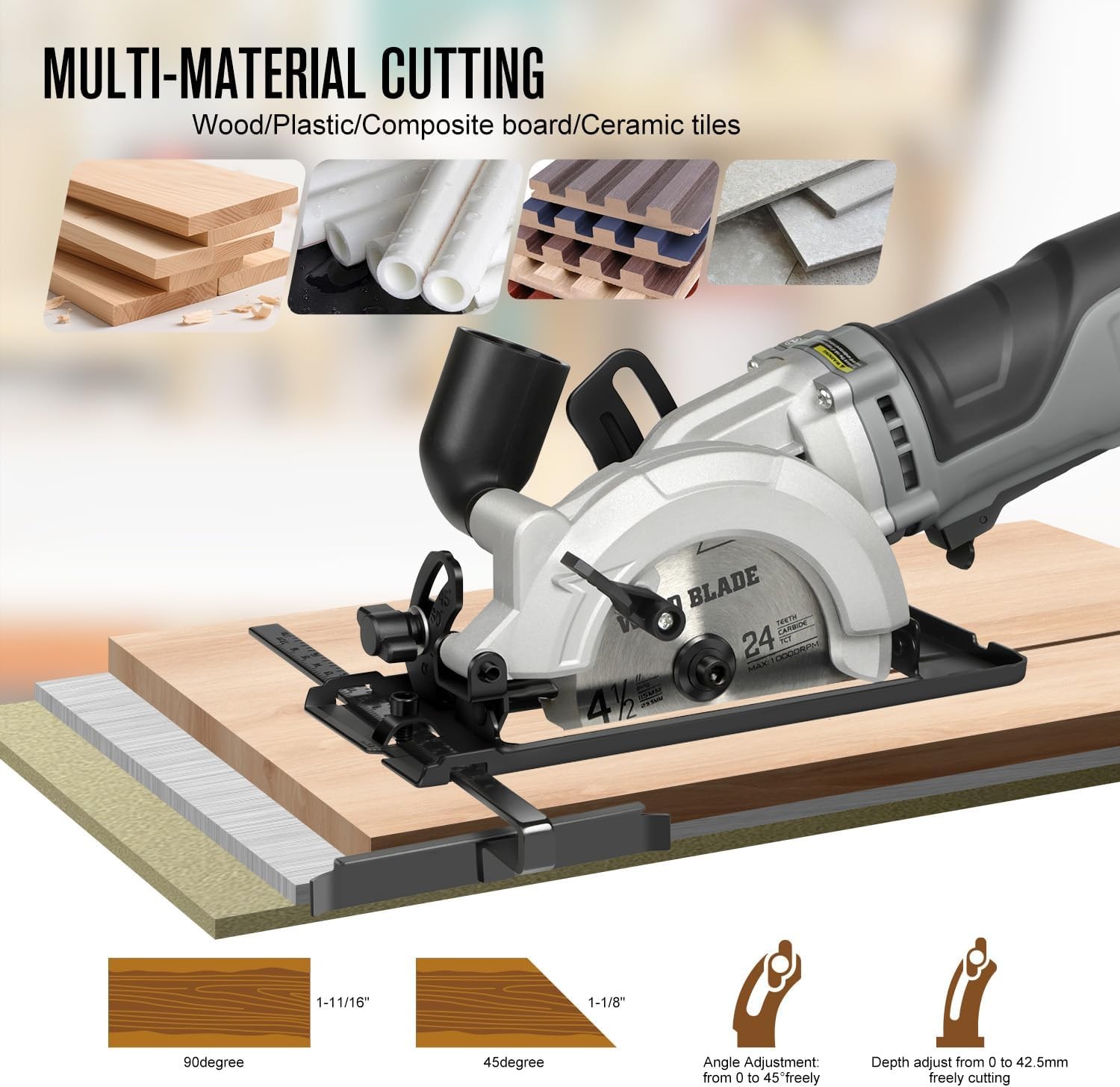 710W Mini Circular Saw, 5200RPM 6Amp Corded Compact Saw with 4-1/2&Prime; 24T TCT & 60