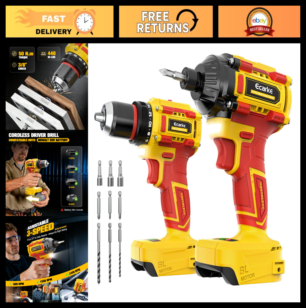 Cordless Impact Driver & Drill Combo Kit, 3100 In-lbs, Brushless, LED Light, 20V