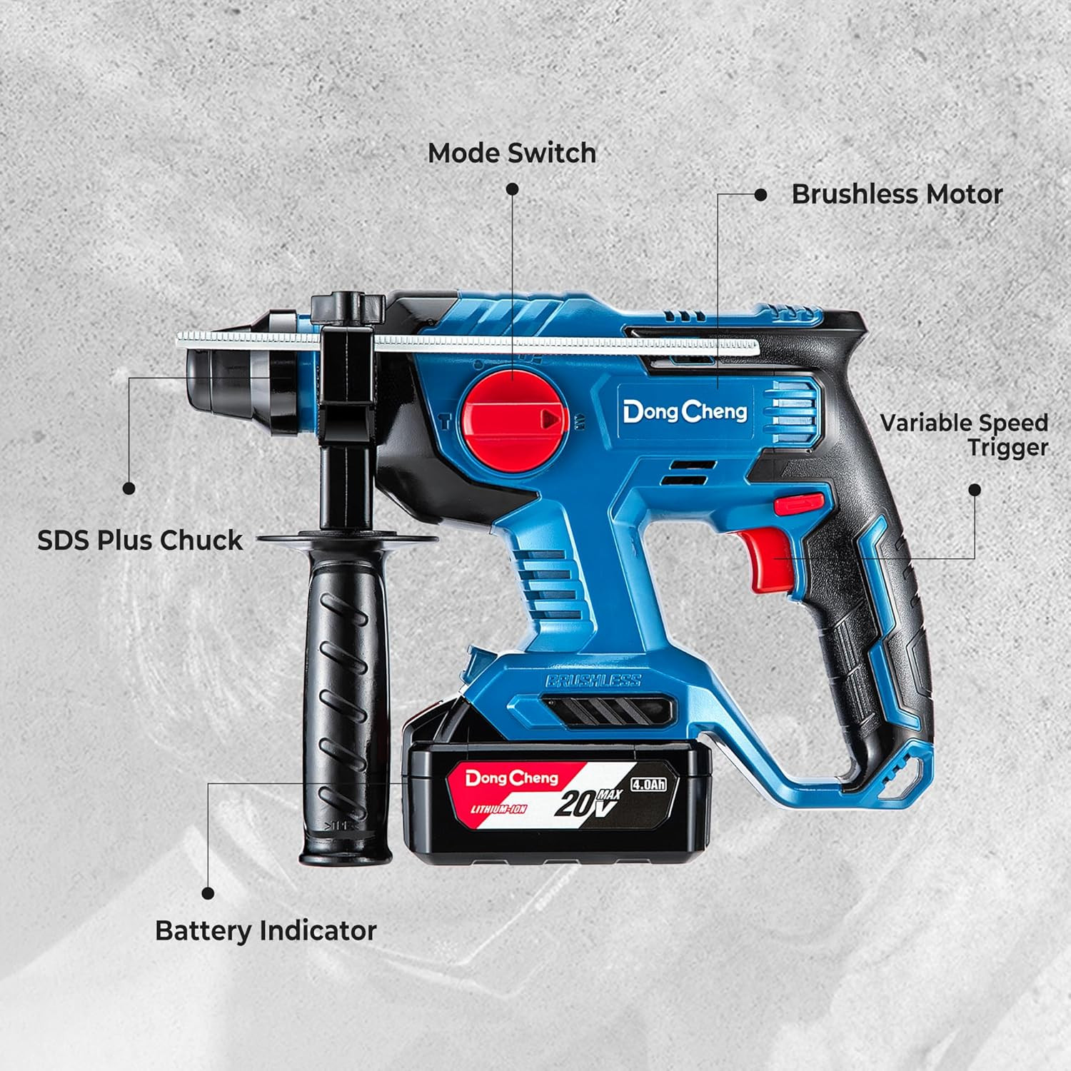 Dongcheng 20V Max Brushless Rotary Hammer Drill, 7/8&Prime; Sds-Plus, 2.1 J Impact, 4