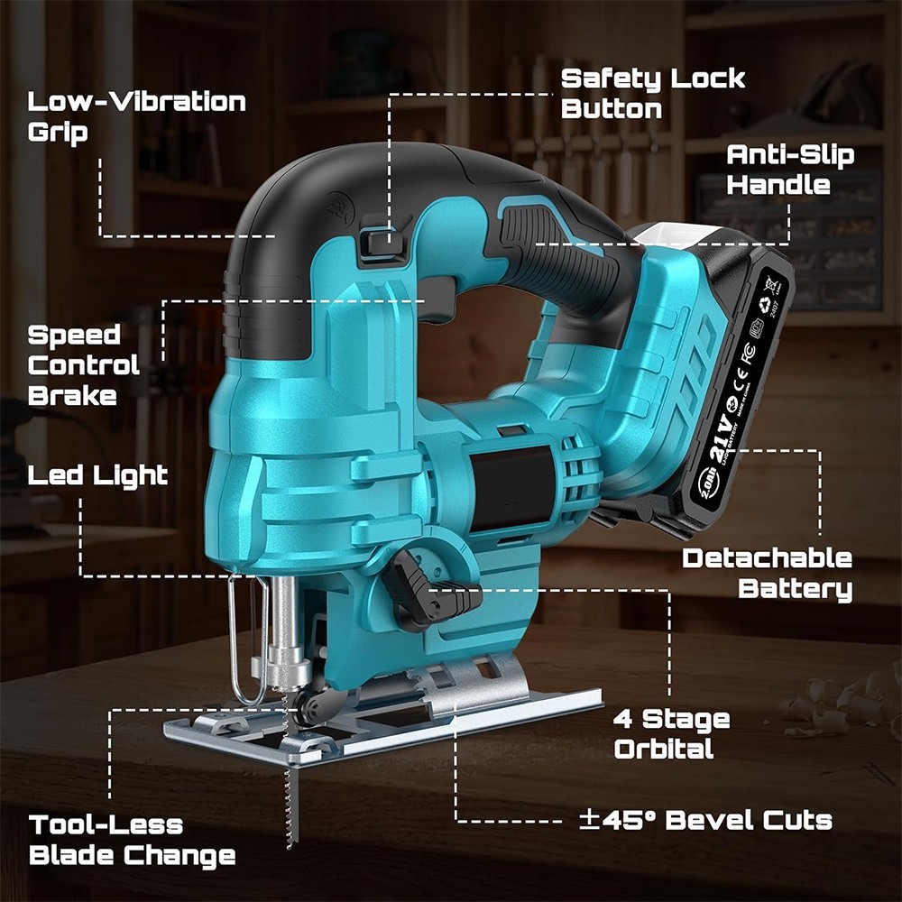 Cordless Electric Jigsaw Tool with 2×2.0Ah Batteries Charger Wood Metal PVC Cut