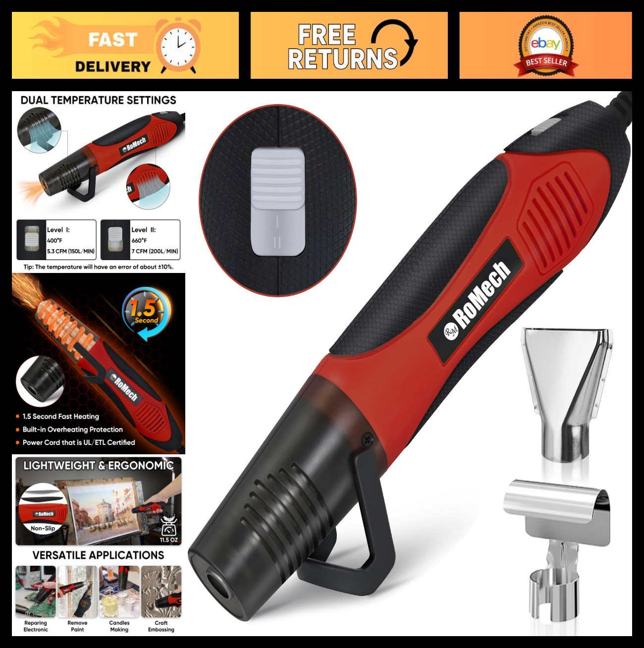 350W Dual Temp Heat Gun 400°F-660°F, Fast Hot Air Tool for DIY Crafting & Shrink