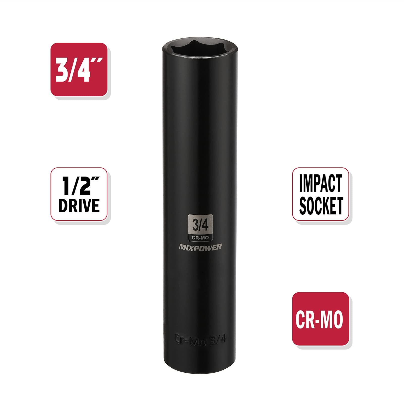 MIXPOWER 1/2&Prime; Dr. x 3/4-inch Extra Long Deep, 6 Point Impact 3/4&Prime;(1PCS)