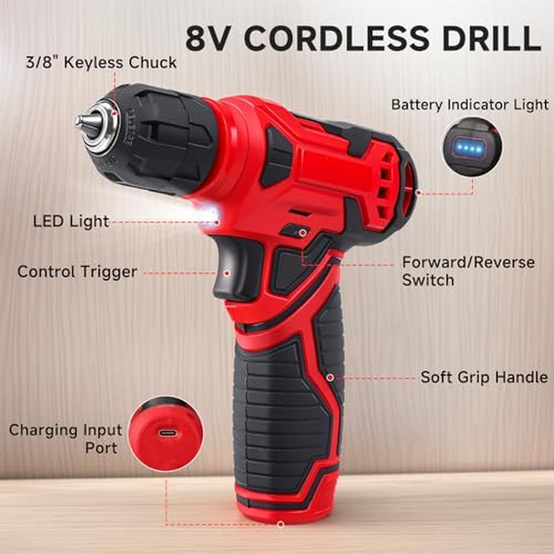 8V Cordless Drill Tool Kit 132 Pc Home Multi-Function DIY Set Built-In LED Light