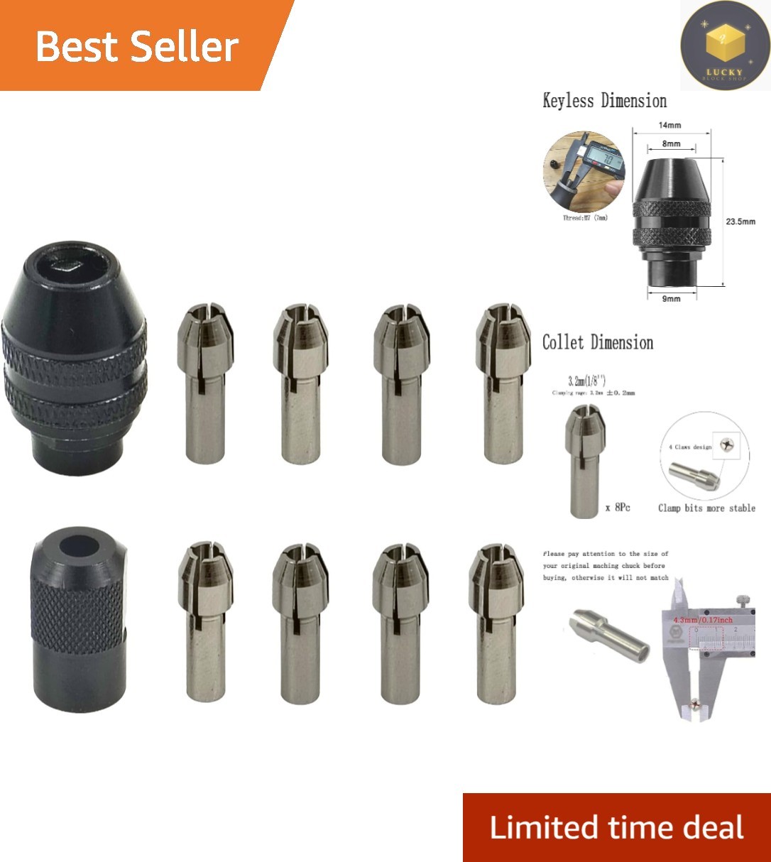 Versatile 10-Piece 1/8 » Rotary Tool Collet Set with Clamping Nut Included