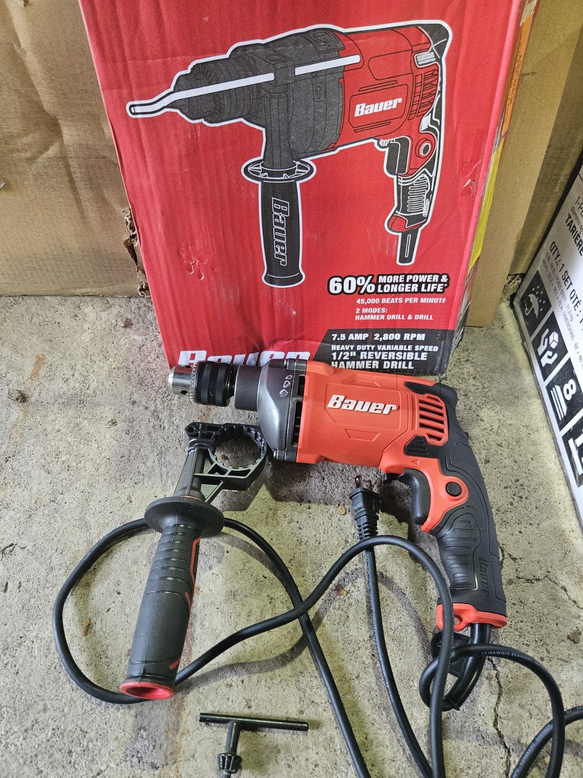 Bauer Hammer Drill Tool 7.5 Amps Reversible Variable Speed Heavy Duty 1/2&Prime;
