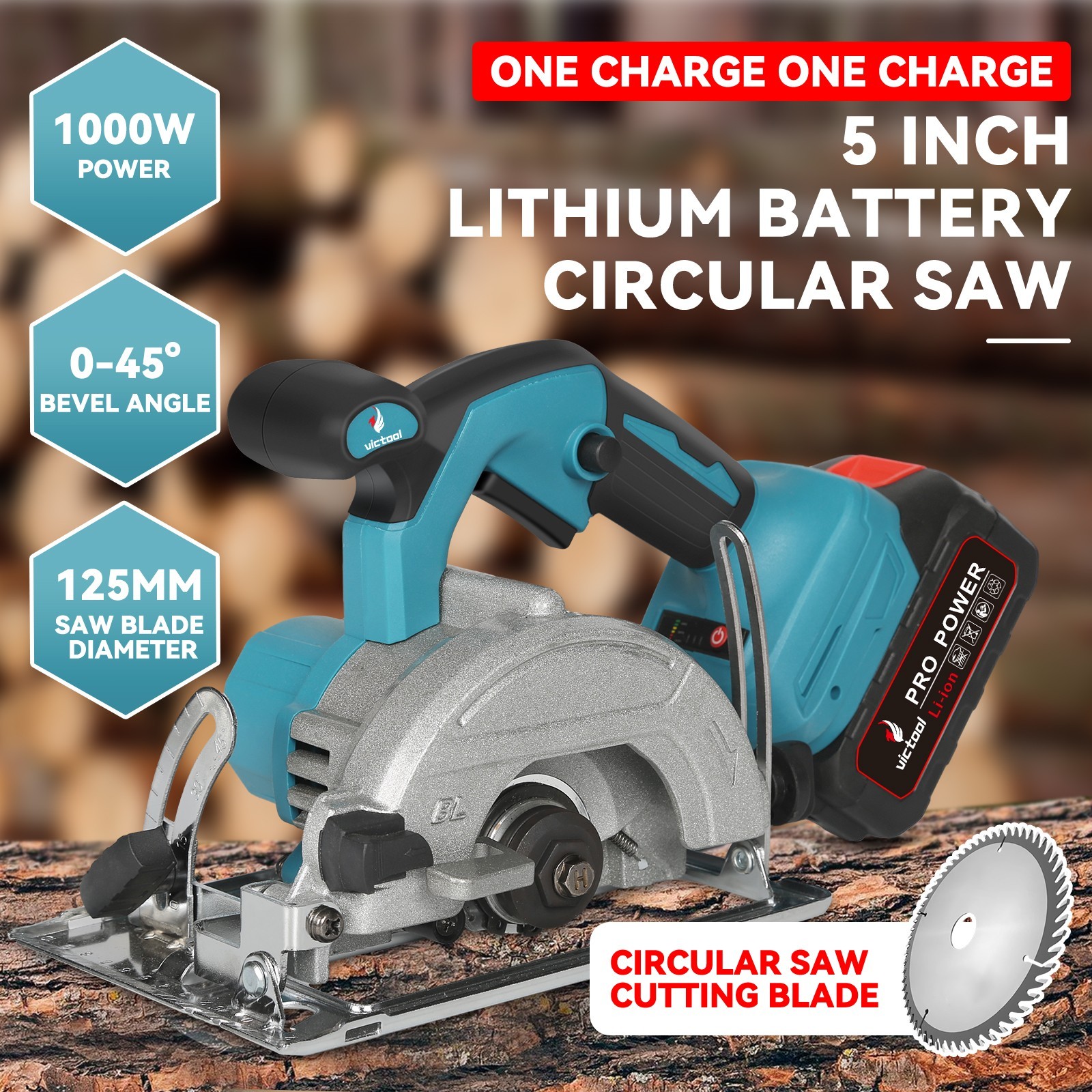 5-Inch Cordless Circular Saw 125mm Woodworking Power Tool 1000W Variable Speed