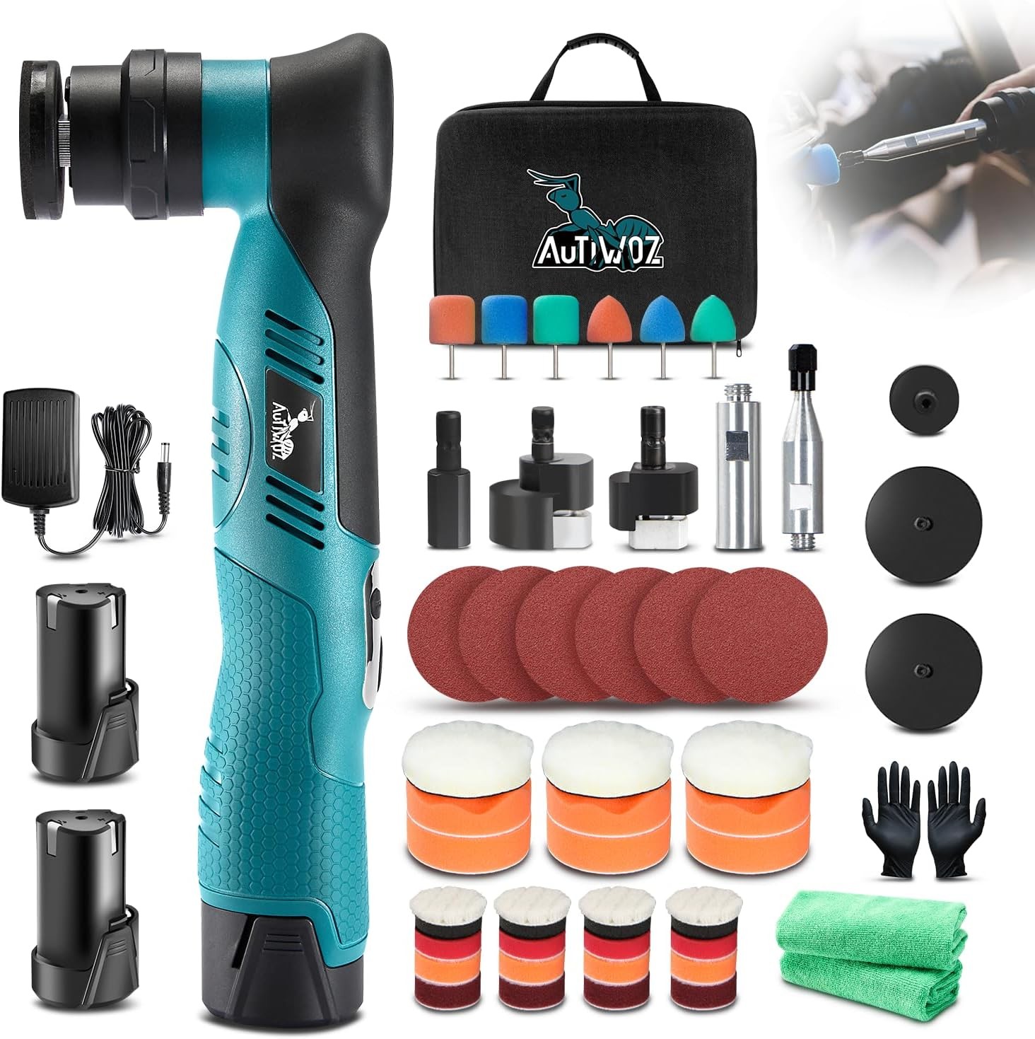 Cordless Mini Car Polisher AUTIWOZ 12mm 3mm Orbital 6 Speeds