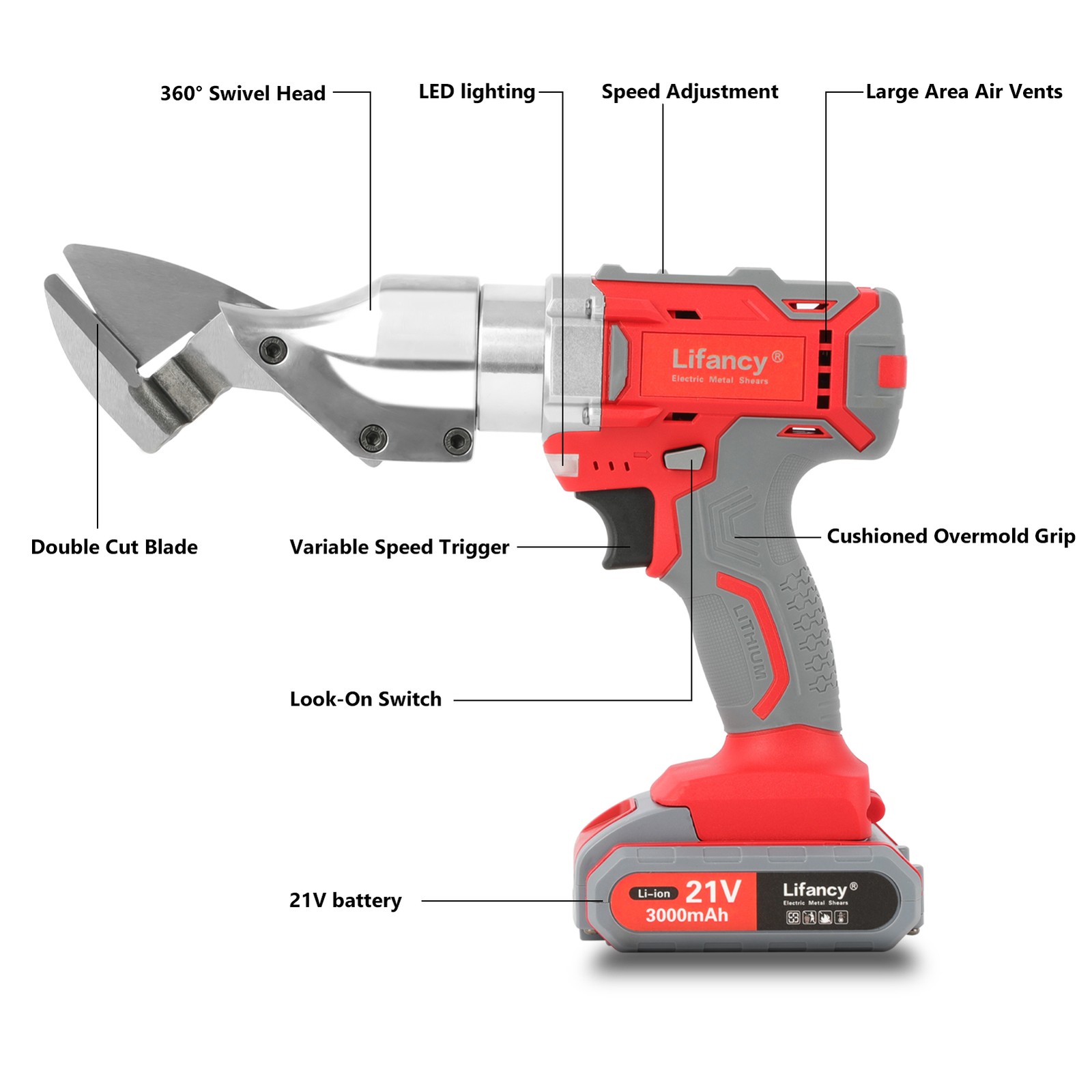 21 Volt 15 Gauge 3,000-SPM Off-Set Metal Shears Swivel Head Cordless 2 Batteries