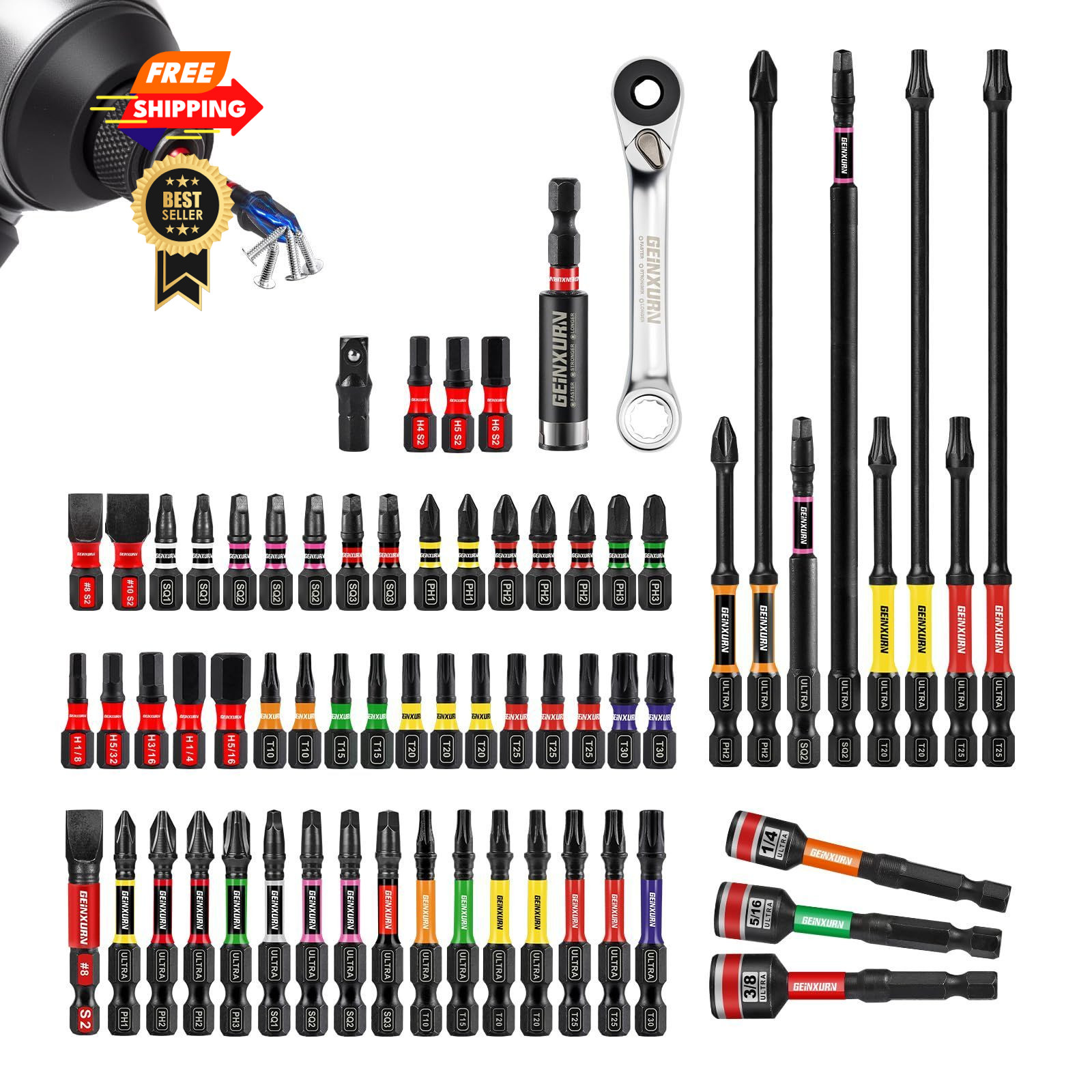Geinxurn 66Pieces Impact Screwdriver Bits Set, Magnetic S2 Steel Mixed-66Pcs