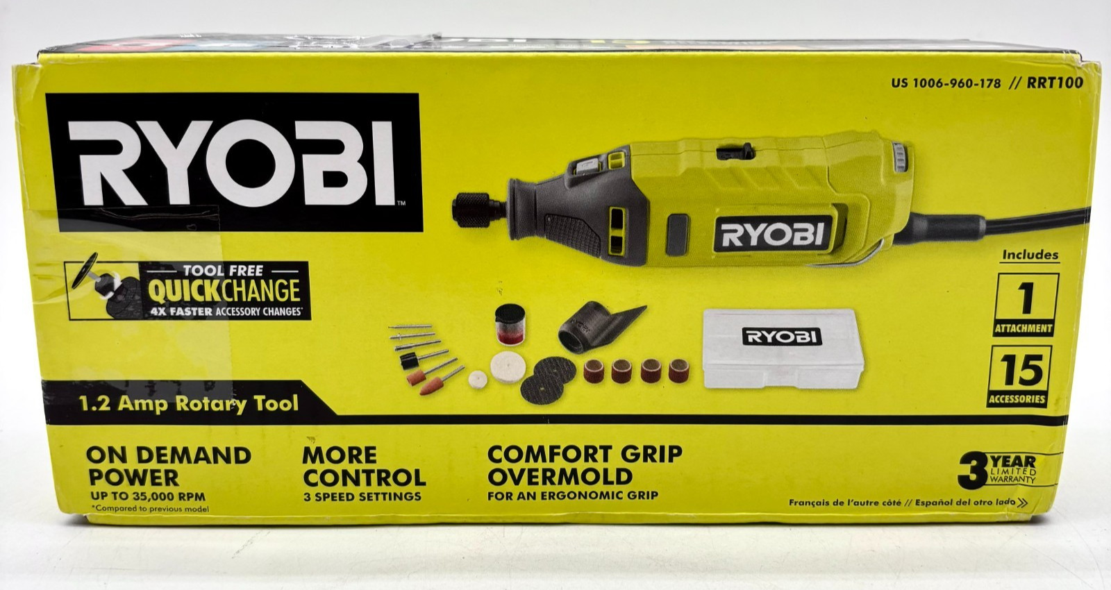 RYOBI Tool Free Quick Change 1.2 Amp Rotary Tool Model RRT100 Yellow Black
