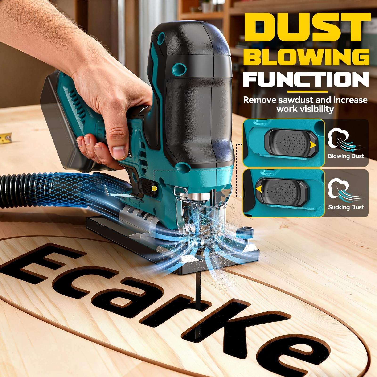 Ecarke Cordless Jig Saw Compatible With Makita 18V Battery, Large, Blue