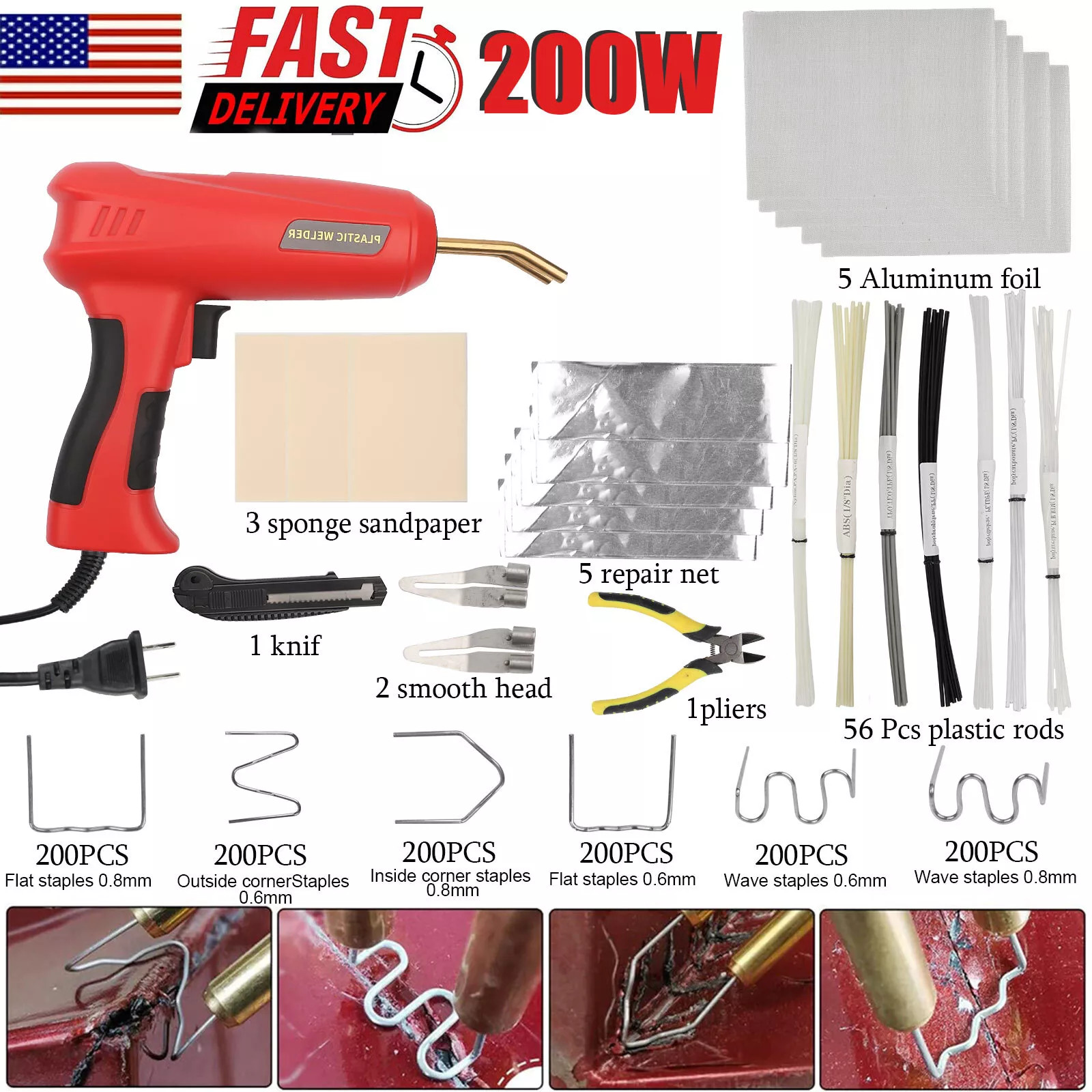 Hot Stapler Car Bumper Fender Fairing Welder Gun Plastic Repair Kit 1200 Staples
