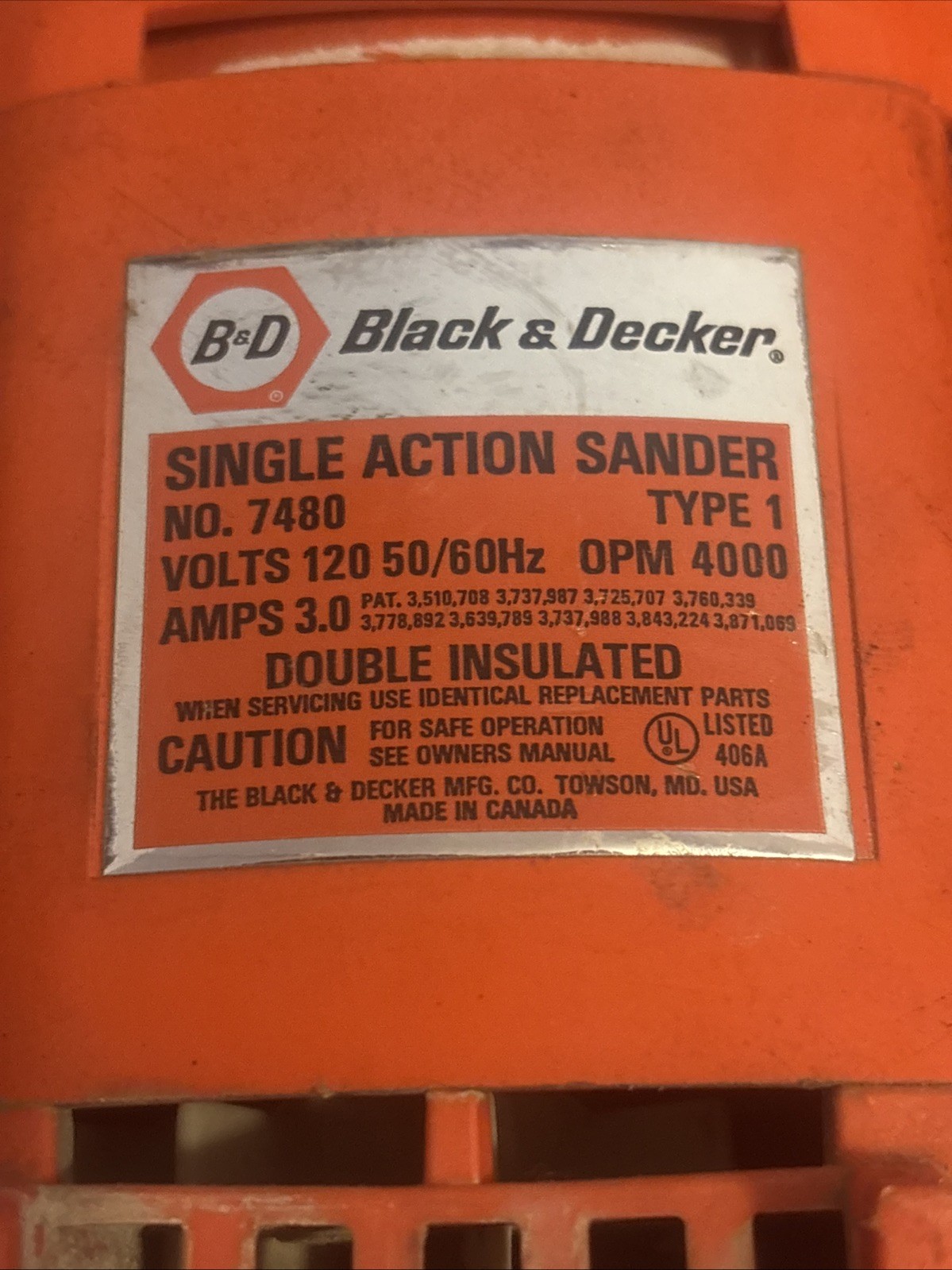 Black & Decker Electric 7480 Single Action Sander Canada Orange Tool Finishing