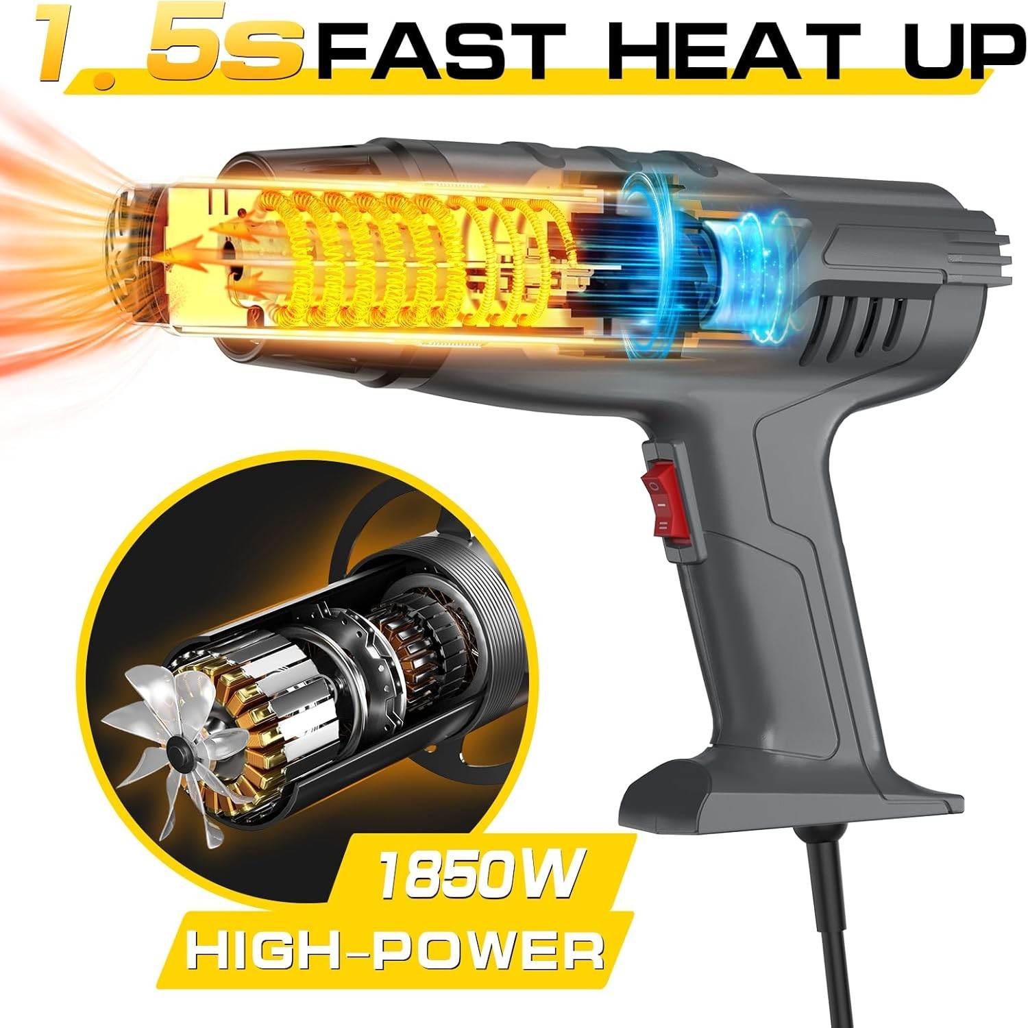 Pistola de calor de 1850 W, doble temperatura, calentamiento rápido, duradera y