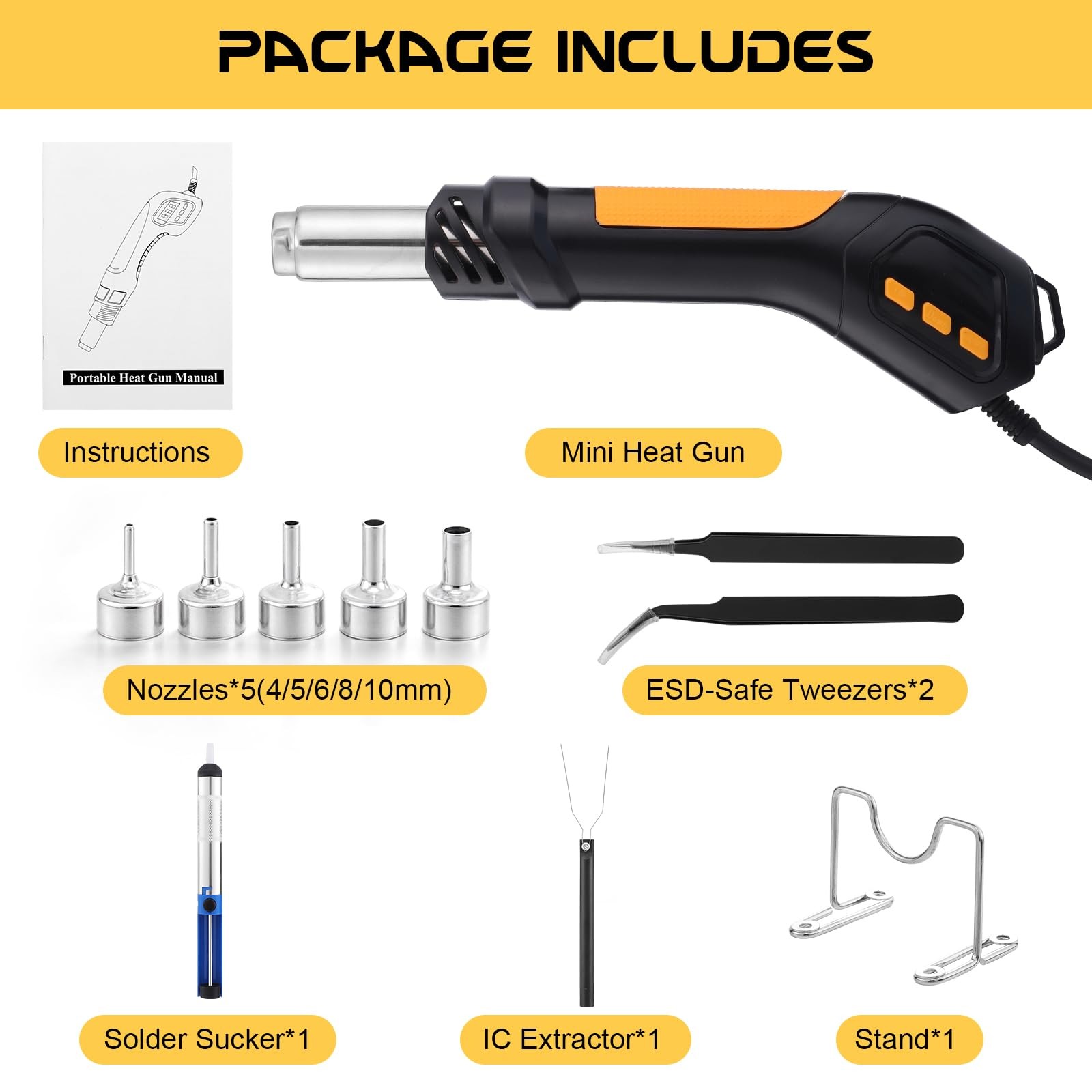 Mini Heat Gun Kit Hot Air Soldering Rework Station, 700W 100°C~500°C