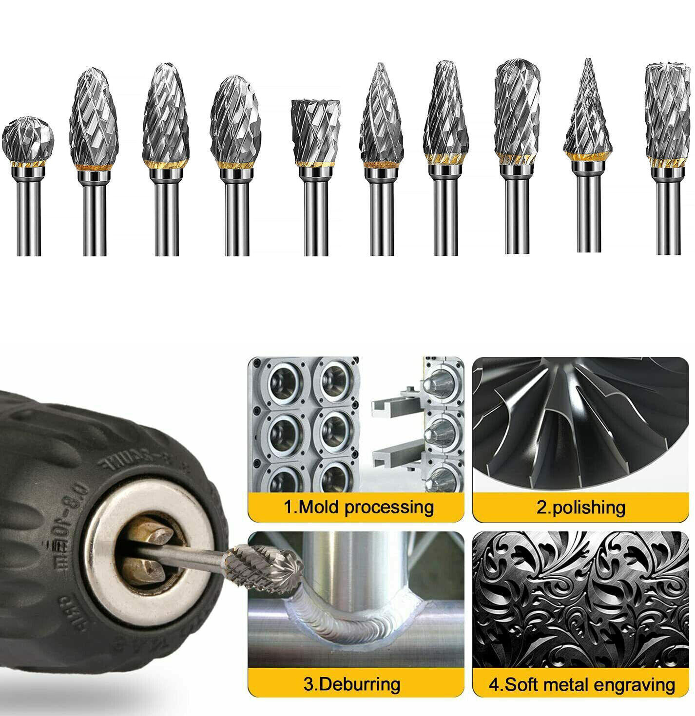 1-4X Tungsten Carbide Rotary Drill Bits 1/8&Prime; Shank Burr Die Grinder Carving Set
