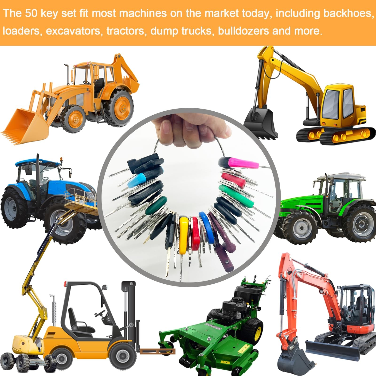 50 Heavy Equipment Keys Master Set, Construction Contractor Multicolor