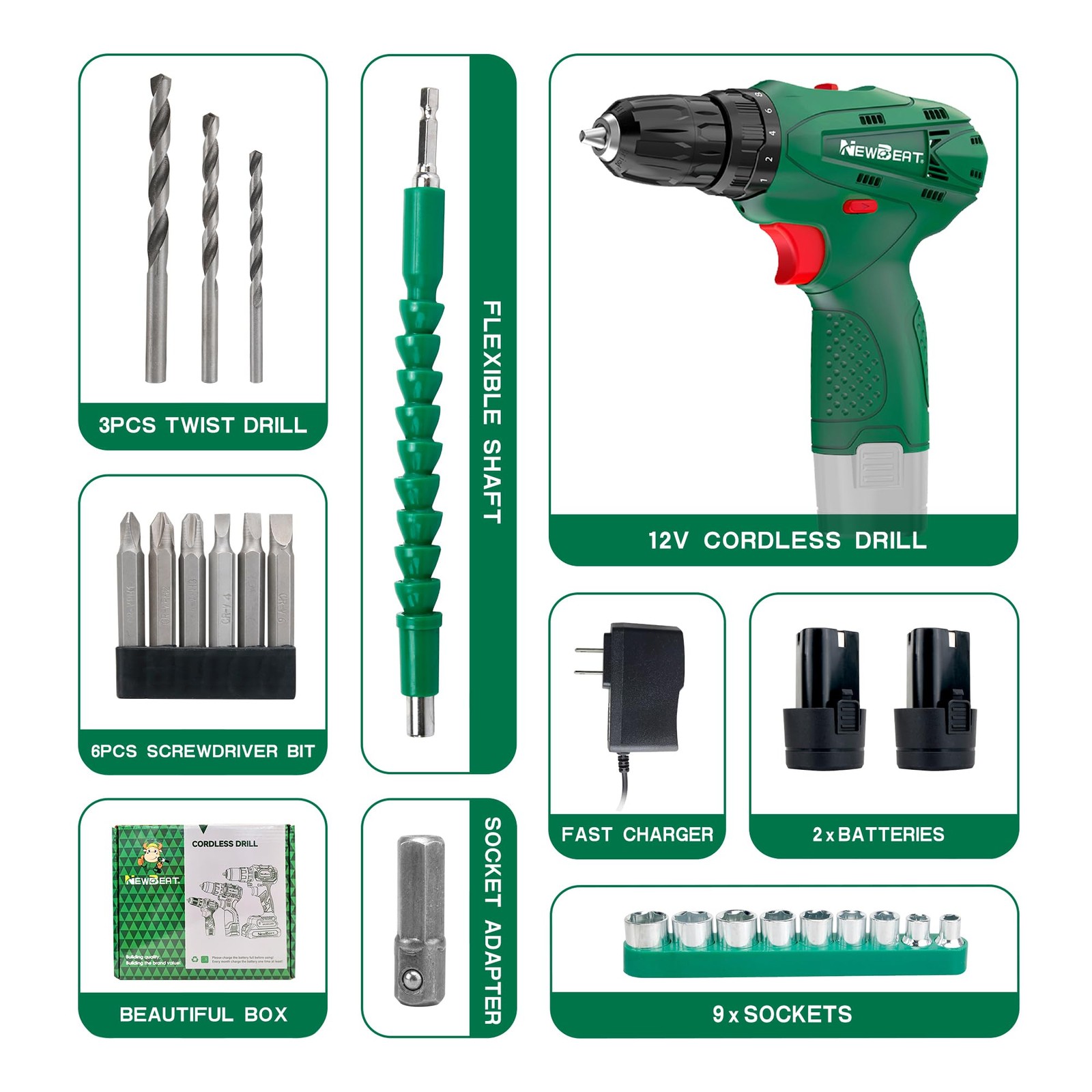 12V Cordless Power Drill Set 2 Batteries 2 Variable Speed 18+1 Torque Home