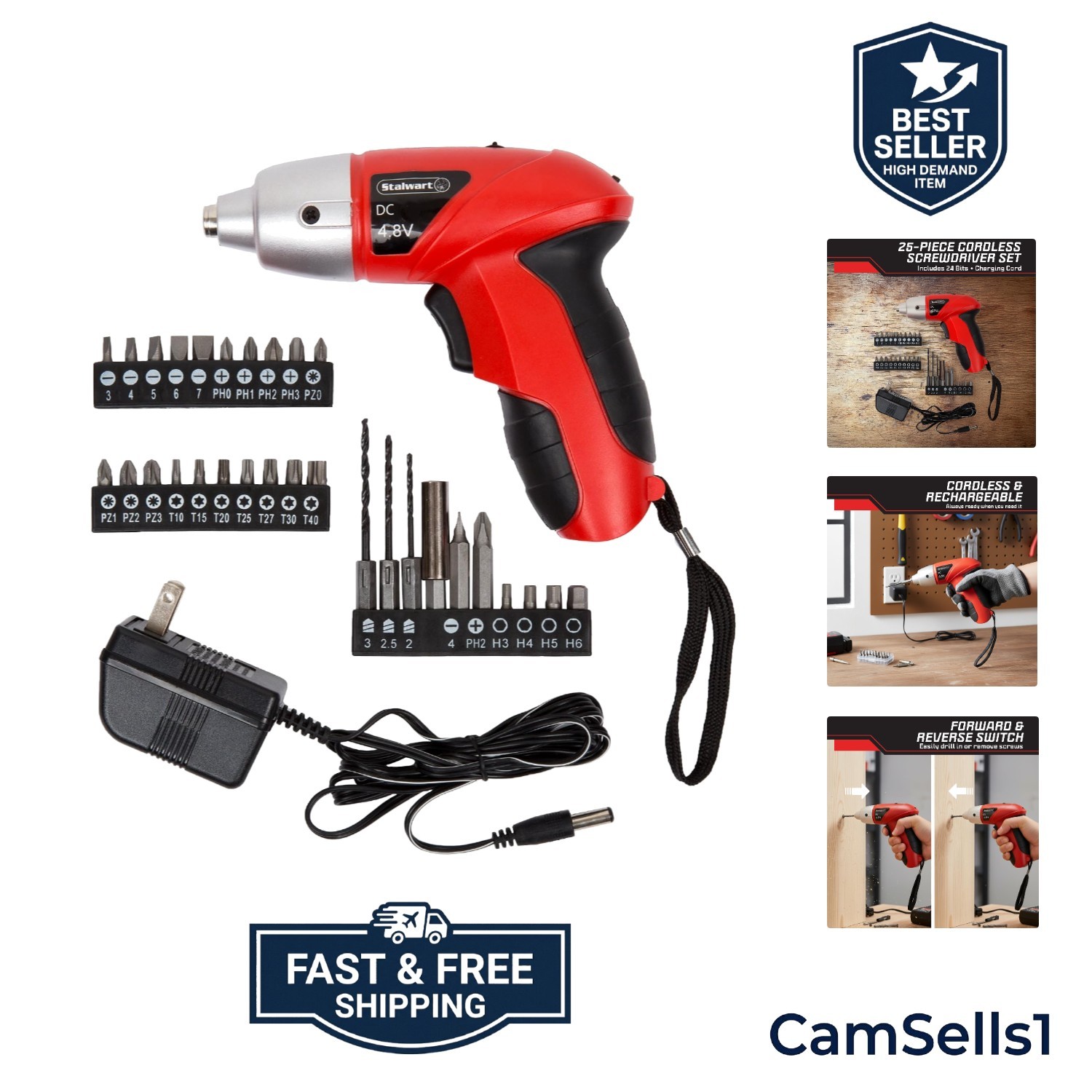 25-Piece Electric Screwdriver Set – Cordless Drill with LED Work Light, Autom…