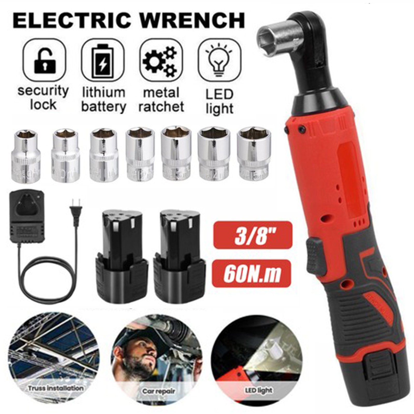 3/8 » Cordless Ratchet Right Angle Wrench Impact Power Tool 2 Battery & 7 Socket