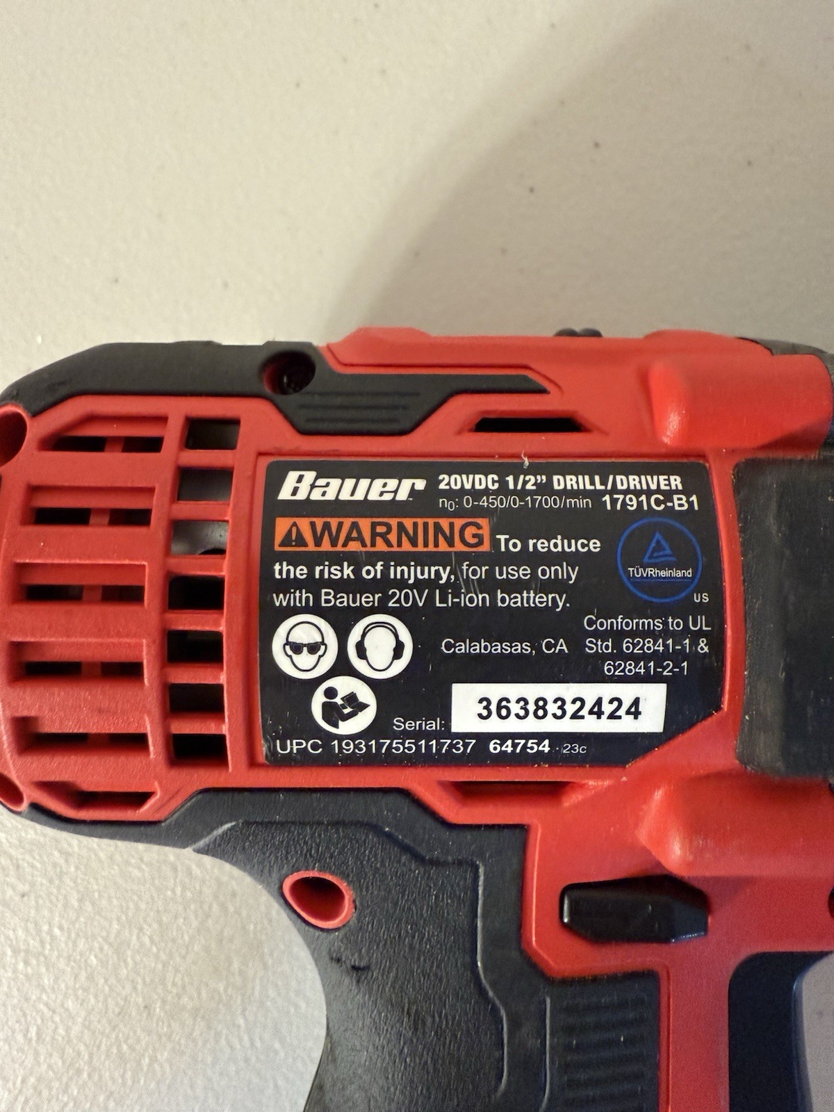 Bauer 1791C-B1 20V Cordless 1/2&Prime;Variable Speed Drill / Driver (Tool Only)NOB
