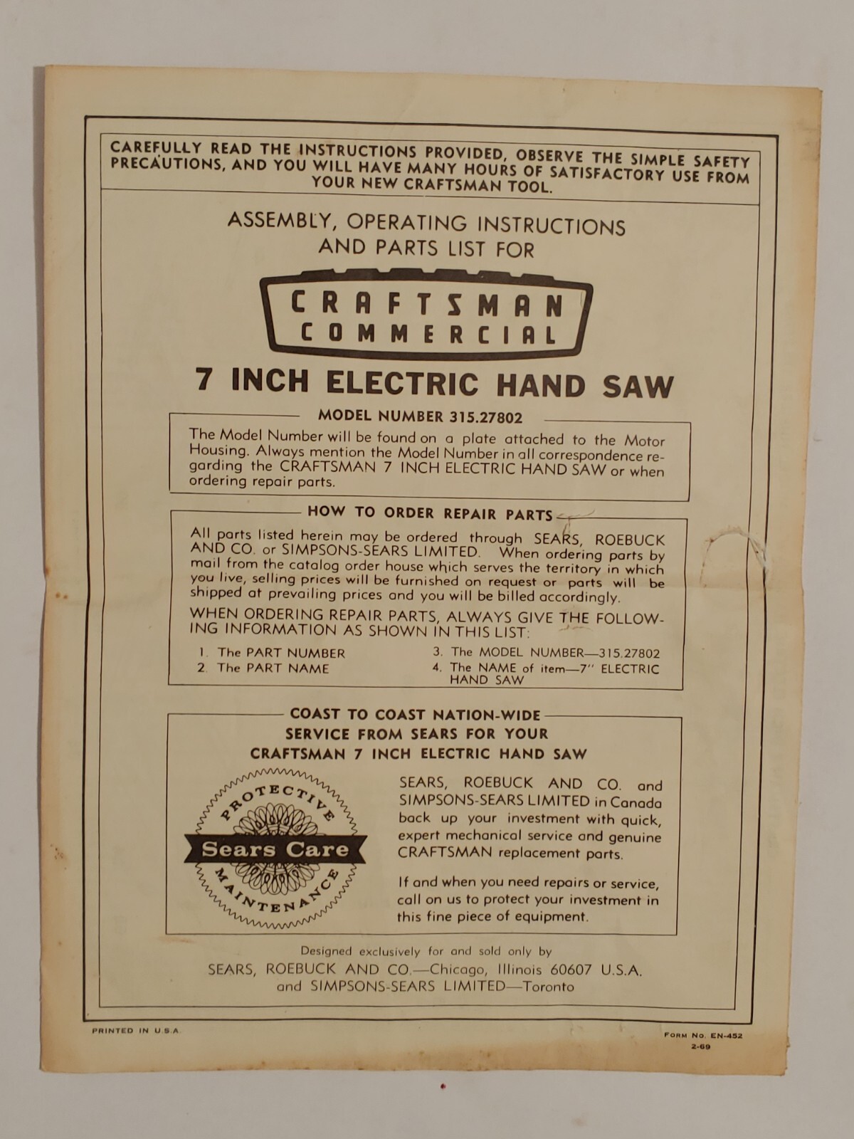 ASSY/OPER. INSTRUCTIONs ONLY FOR – ONCraftsman 7&Prime; Circular Hand Saw # 315.27802
