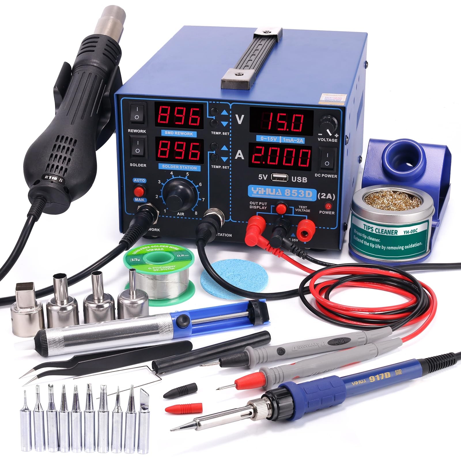 YIHUA 853D 2A USB SMD Hot Air Rework Soldering Iron Station, DC