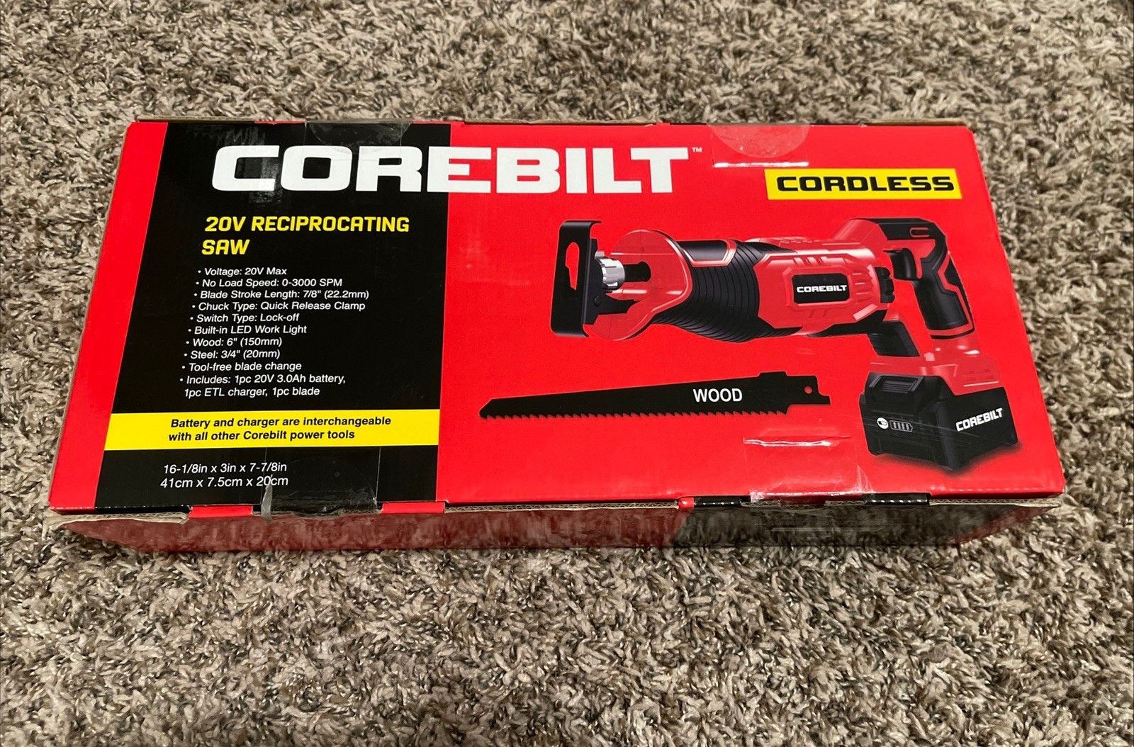 COREBILT 20V Cordless Reciprocating Saw Set Blade Battery Charger Red Black Wood