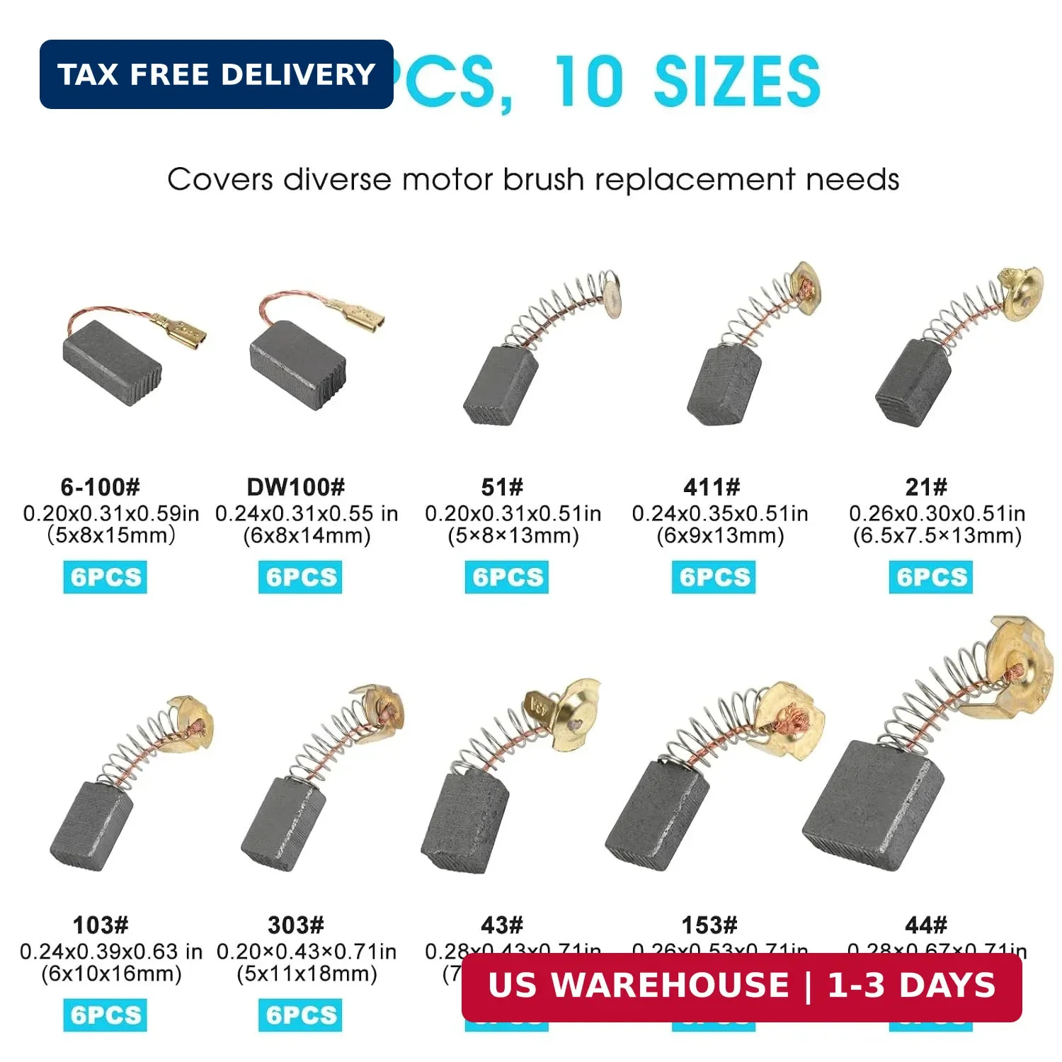 60 Pcs Electric Motor Carbon Brushes Set, 10 Assorted Sizes Graphite & Copper Re