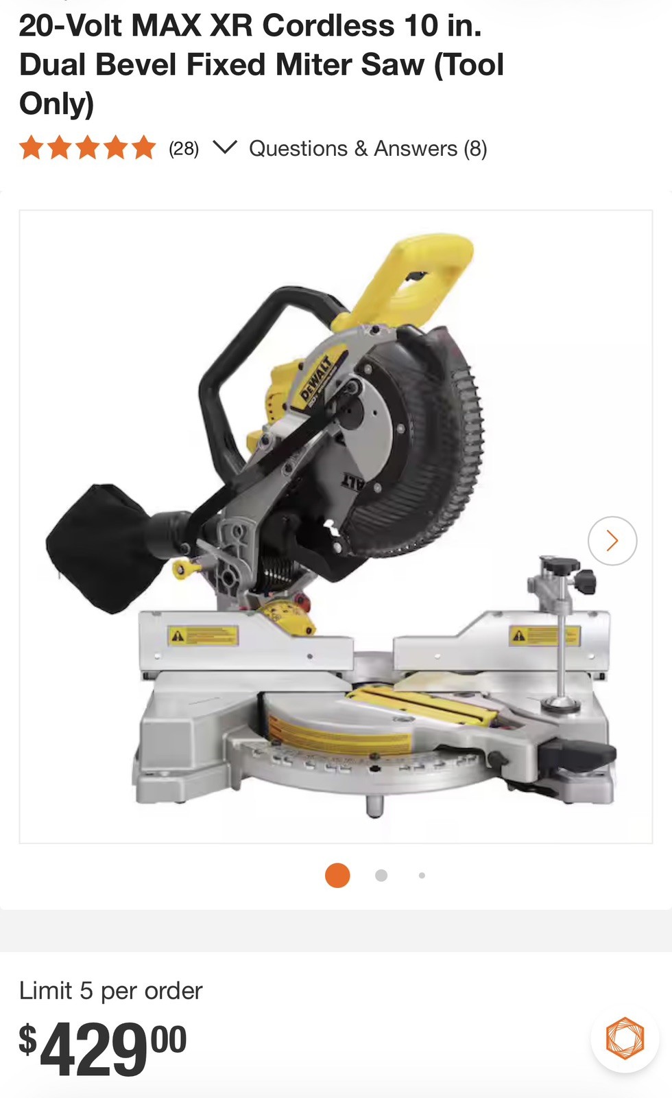 DEWALT 20V MAX XR 10 in. Double Bevel Fixed Miter Saw (Tool Only) (DCS714B)